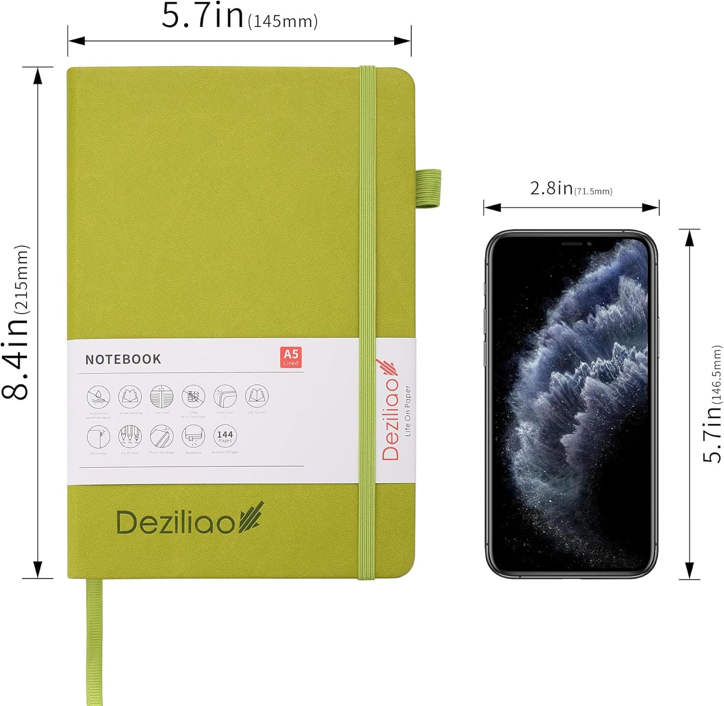 Deziliao Lined Journal Notebooks with Pen Loop, Hardcover Notebook Journal for Work, 100Gsm Premium Thick Paper with Inner Pocket, Medium 5.7"x8.4", (Green, Ruled)