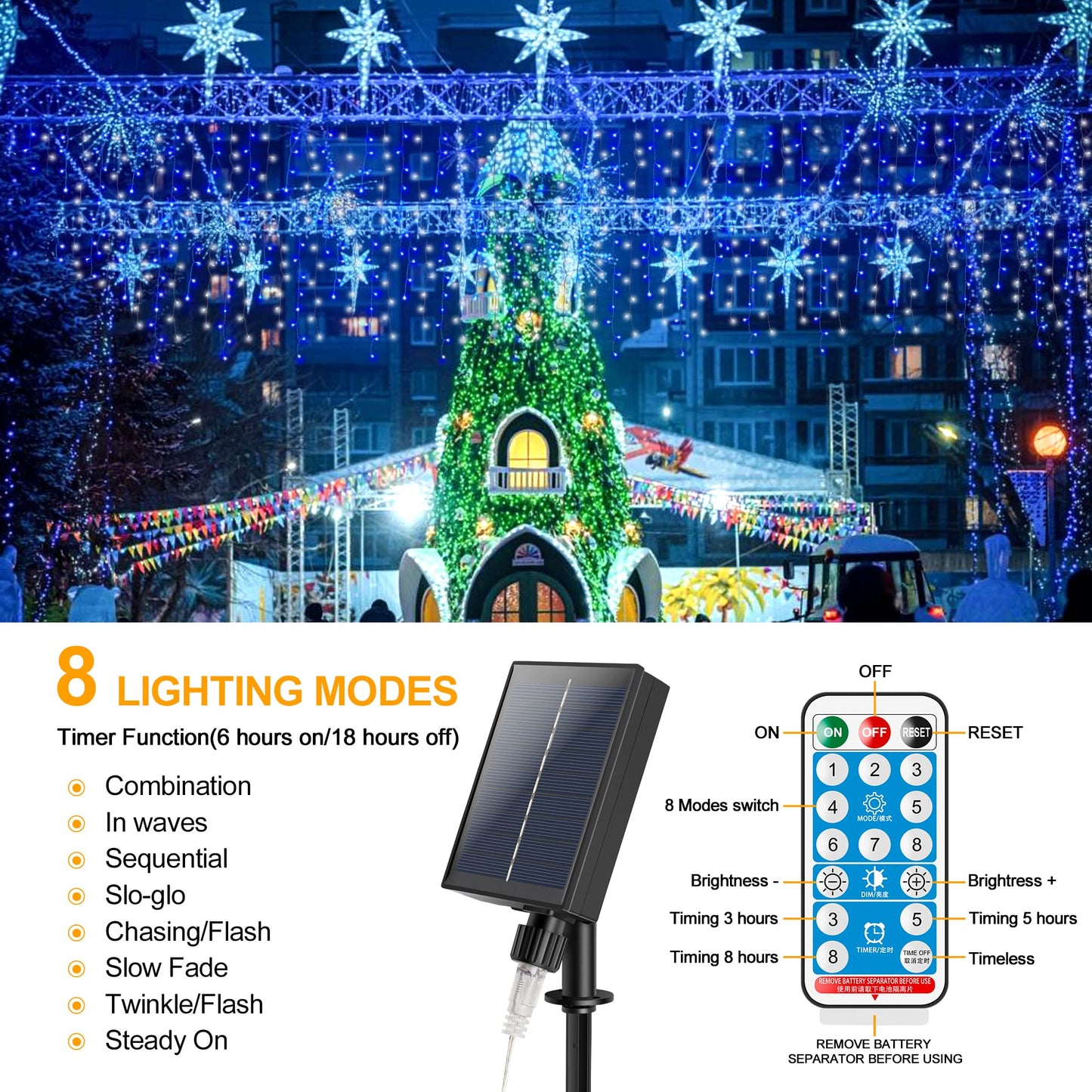 mimigogo 300 LED Solar Icicle Lights, 33ft, 8 Modes, Blue White, Remote Control for Outdoor Christmas Party Decorations