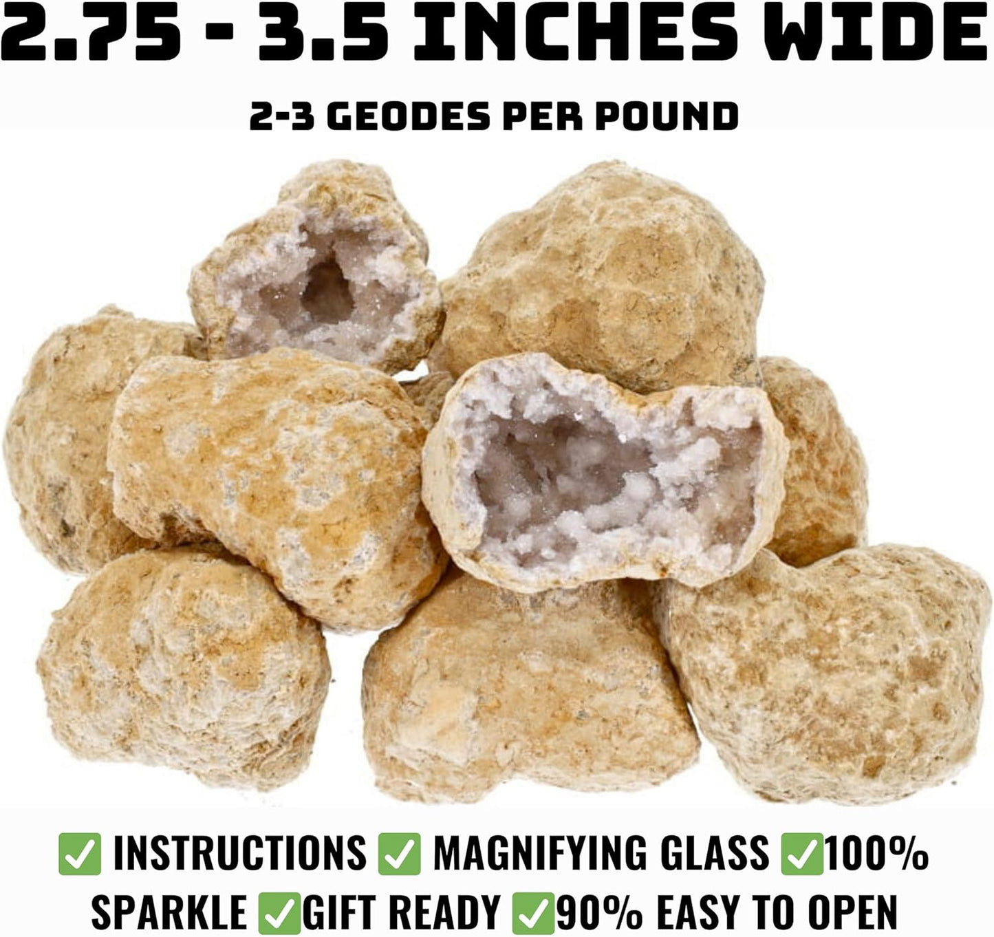 Break Your Own Geode Kit โ 10 Natural Geodes 2.75 to 3.5 Inch Crack-Open Experience + Easy to Open + Tools + Geologist Guide โ Less Effort for Easy Reveal โ STEM Activity + Collectable Gems - Large