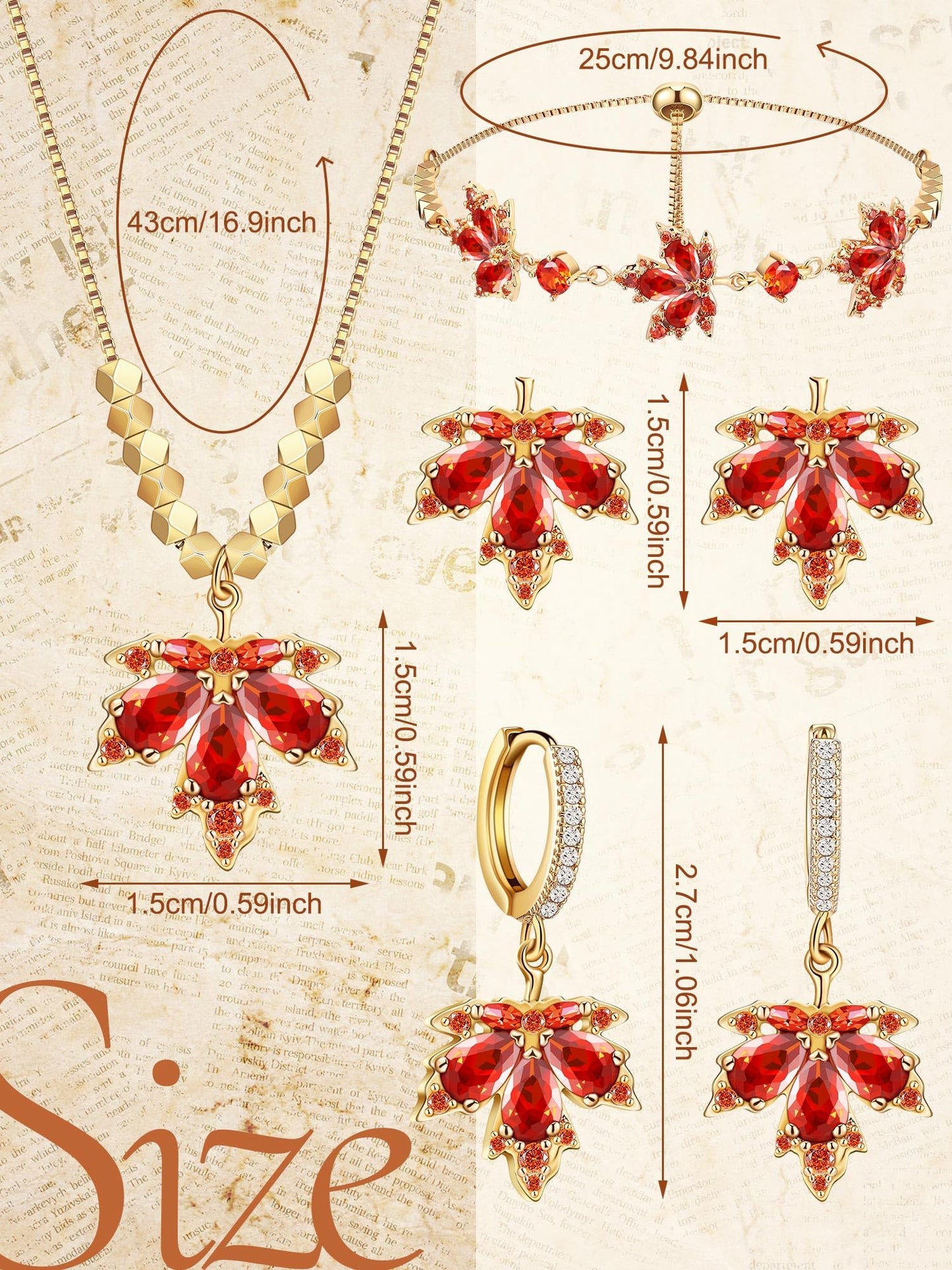 Sasylvia 4 Pcs Autumn Maple Leaf Fall Jewelry Set for Women Necklace Rhinestone Bracelet 2 Maple Leaf Earring Accessory Gift(Vintage)