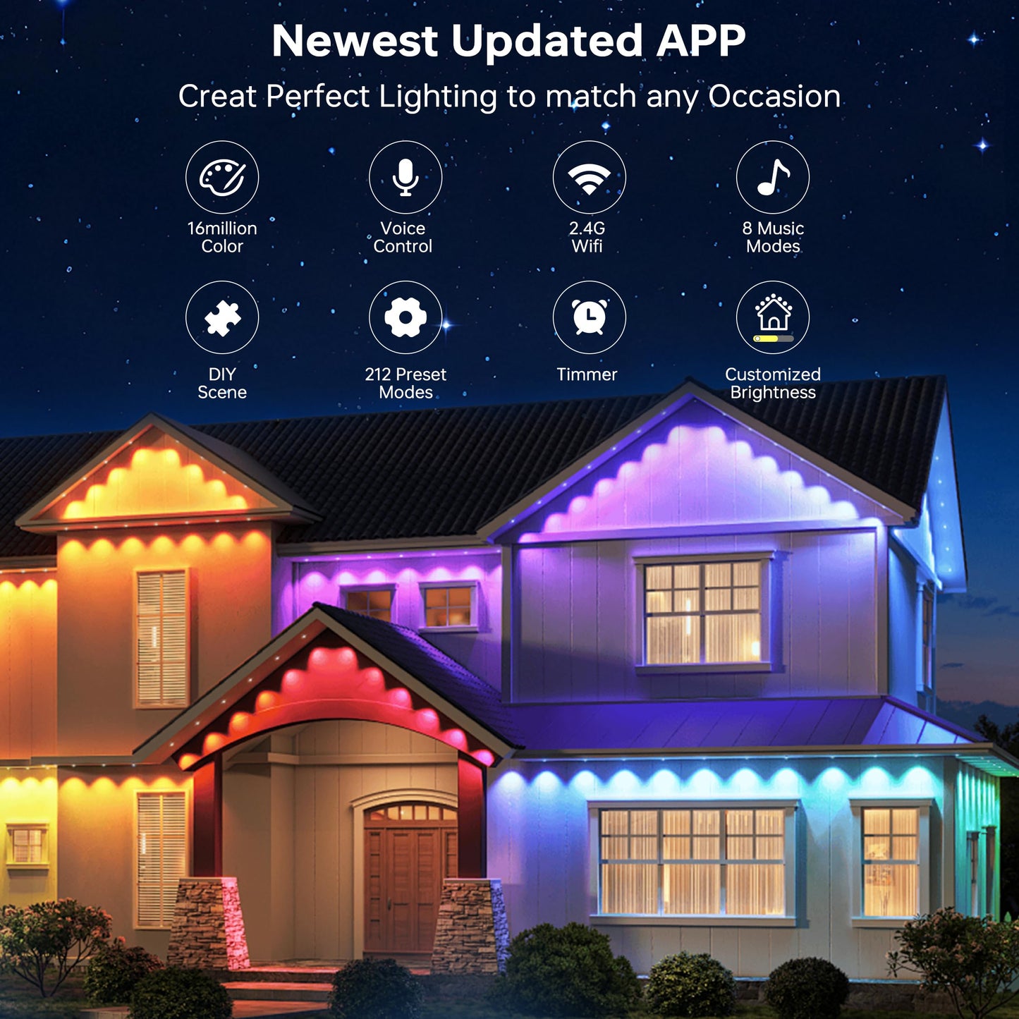 UPONELED Outdoor LED Lights, 120FT RGB Waterproof Eaves Light, App/Remote Control, Model UPLEL-120, White