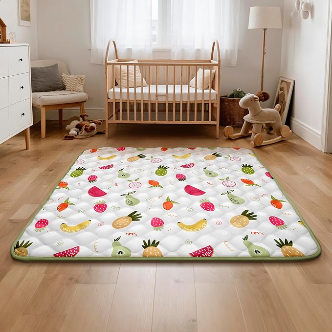 Baby Play Mat for Floor 50x50, Activity Mat, Thicken Soft Fabric Foam Play Mat for Baby, Washable Non-Slip Cushioned Crawling Mat for Babies, Infants, Toddlers(White Fruit