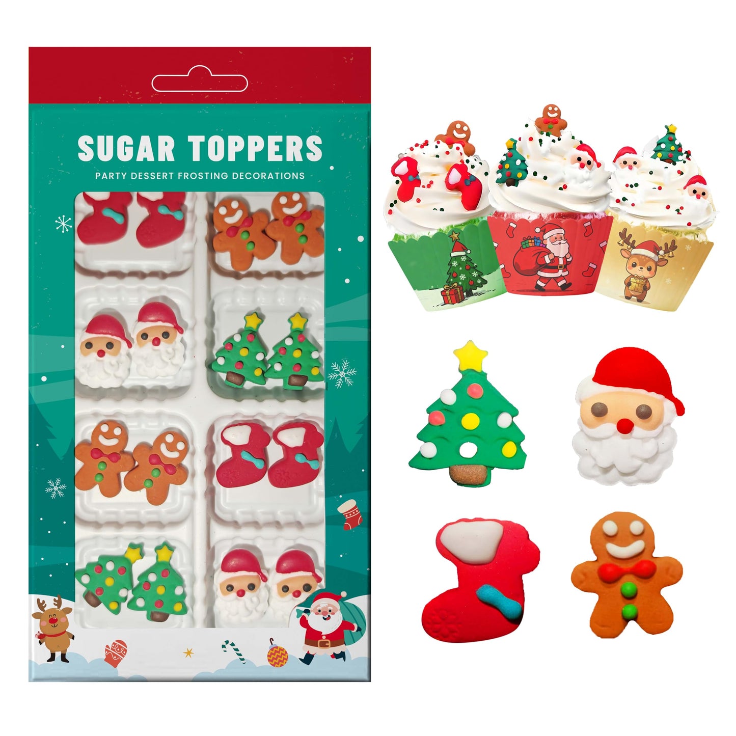 Christmas Sprinkles for Baking 16Pcs - 4 Designs Santa Gingerbread Man Holiday Stocking Christmas Tree - Edible Decorations for Cookies Cakes Cupcakes Holiday Desserts