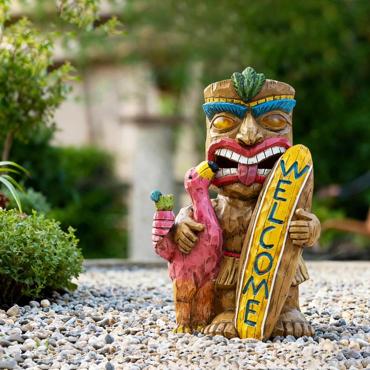 Eptuega Solar Tiki Bar Flamingo Statue - 11.42 Resin Welcome Sign For Patio, Yard, Balcony Decor