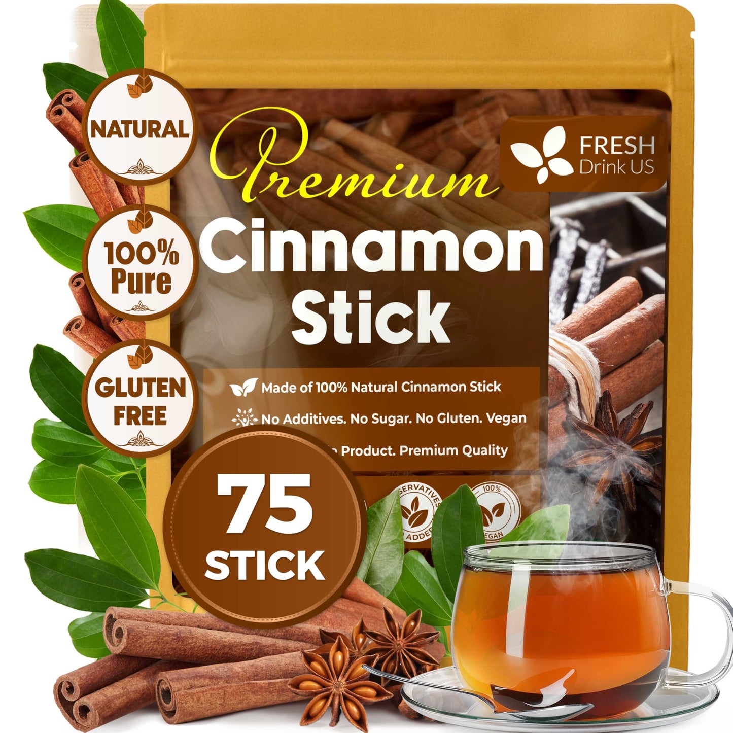 FreshDrinkUS enhanced 75+ Cinnamon Dried Sticks Whole Sticks 100% Natural & Pure Cinnamon Inner Bark Raw Spice Flavor & Strong Aroma Herbal Tea Perfect for Warm Beverages