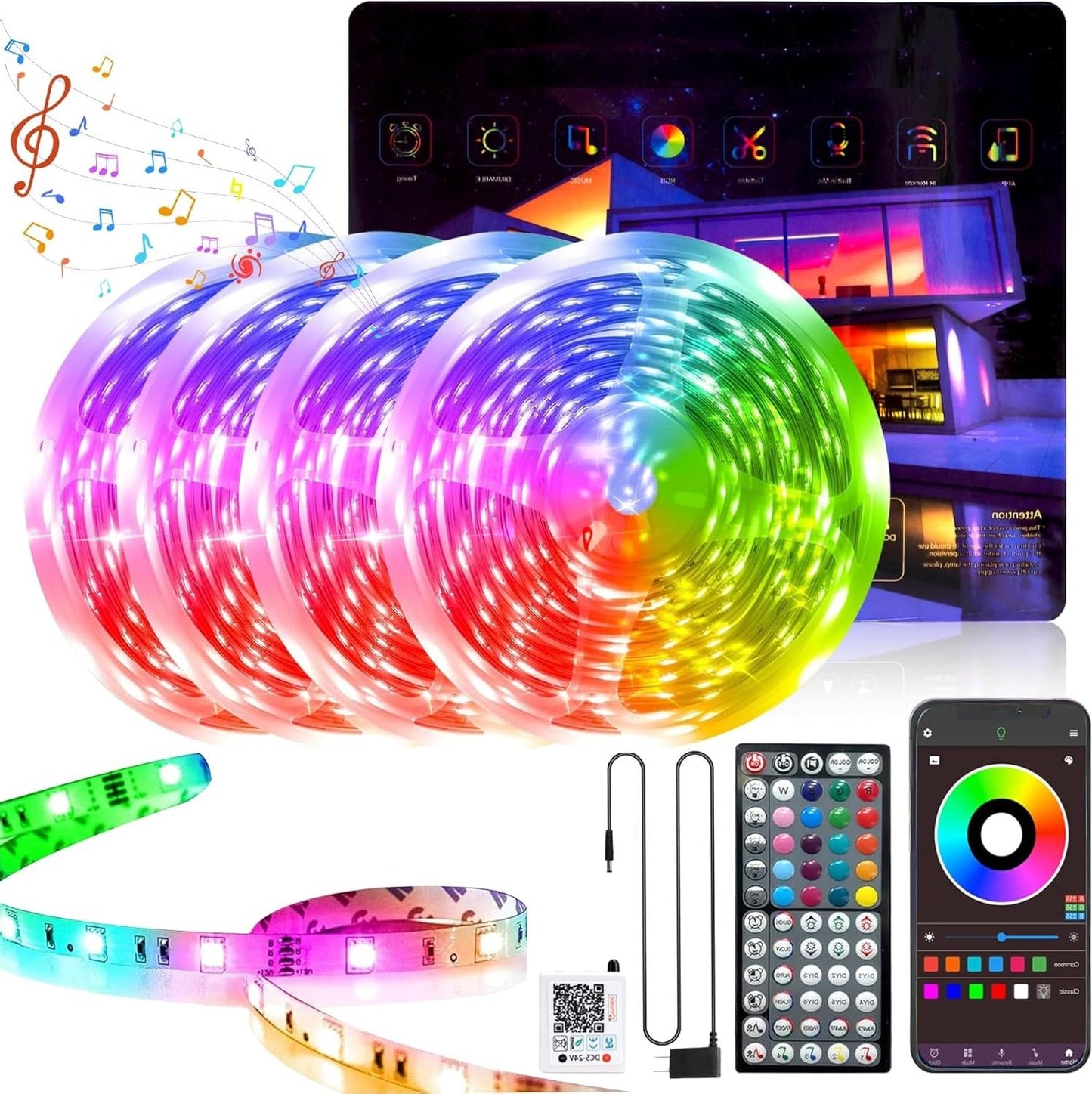 GANZQH LED Strip Lights, 400ft Music Sync Color Changing, Remote & App Control, Plastic, White, Model GAN-rgb008-5