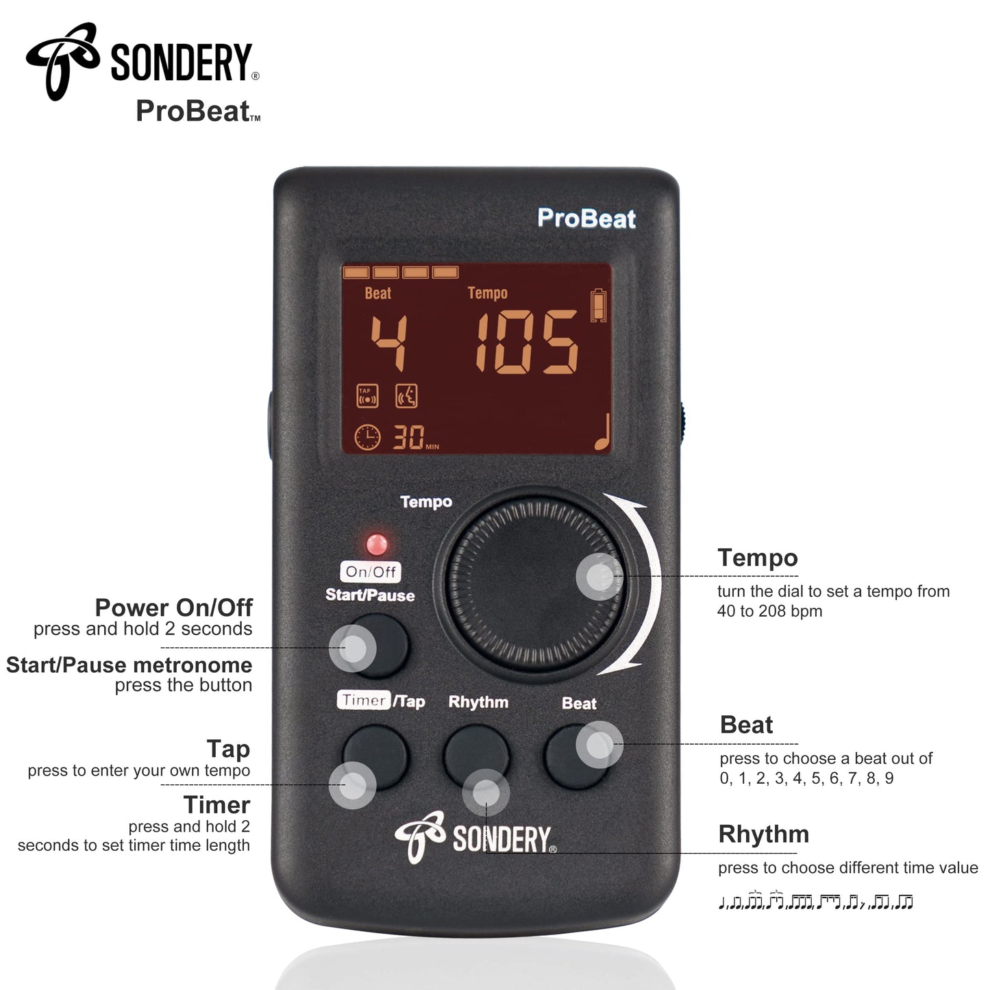 Sondery Digital Metronome Rechargeable English Vocal Counting with Timer Function for Piano Guitar Drum and All Instruments