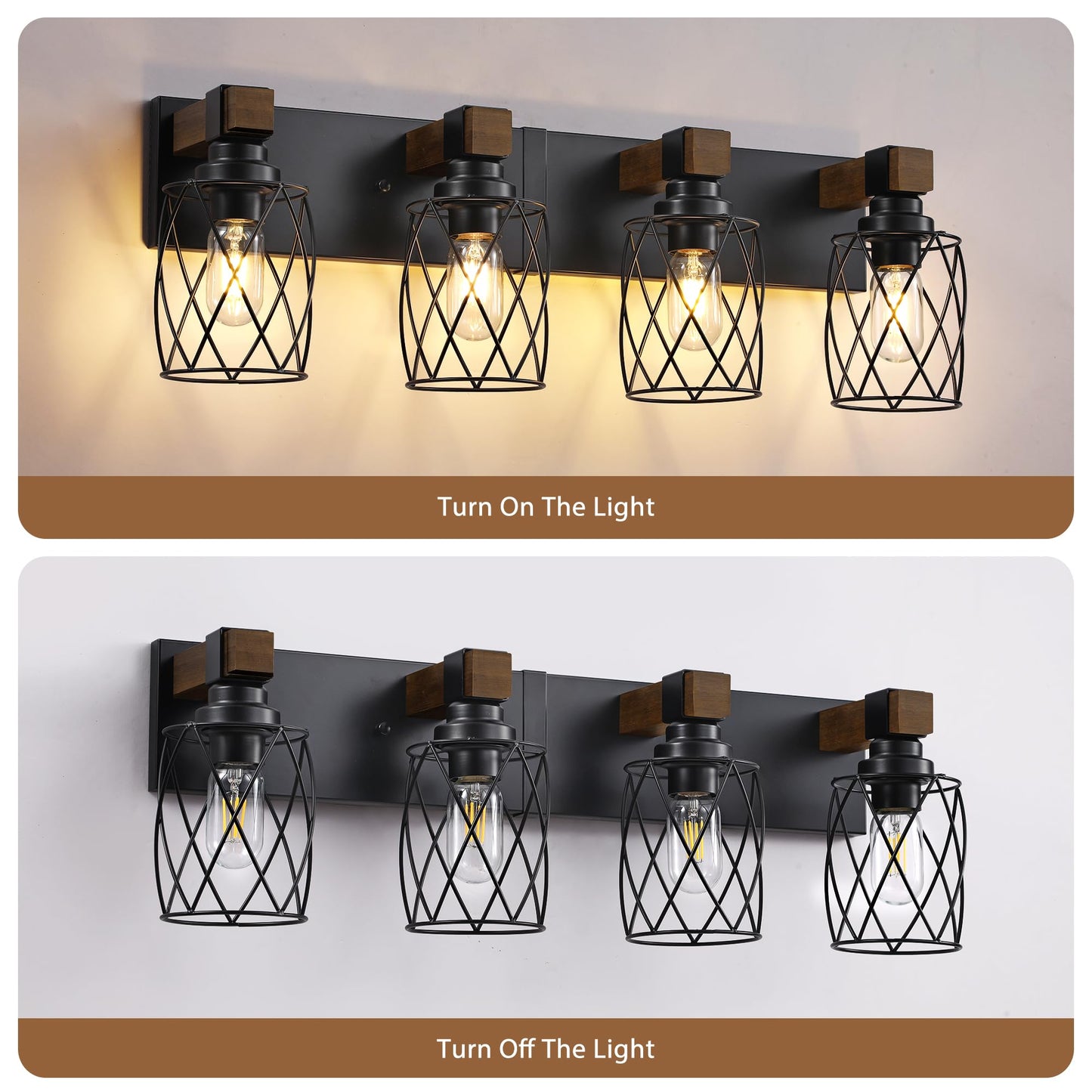 Xvmbvm Farmhouse Bathroom Vanity Light 4-Light Wood Bathroom Light Fixtures Over Mirror Black Industrial Vanity Lights With Metal Shade Rustic Bathrooms Lighting For Living Room Bedrooms Hallway
