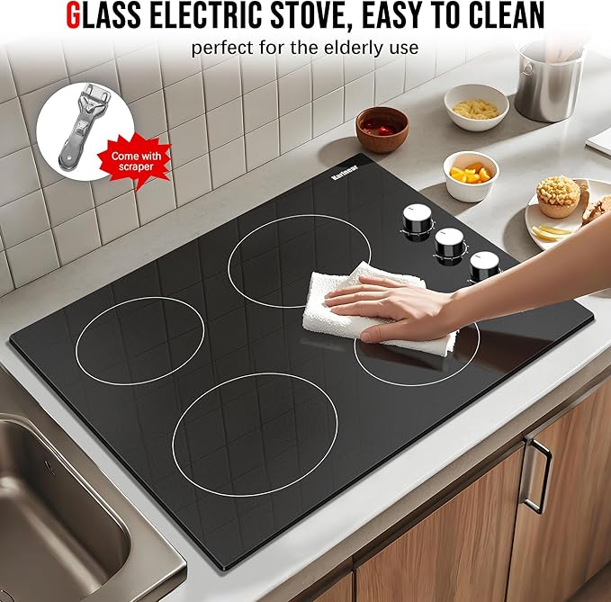 Karinear 24 Inch Electric Cooktop 4 Burners Electric Stove, Knob Control,6000W, Built-in Radiant Hob,Residual Heat Indicator, Overheat Protection,Hardwired 220V Radiant Ceramic Stove (White Knob)