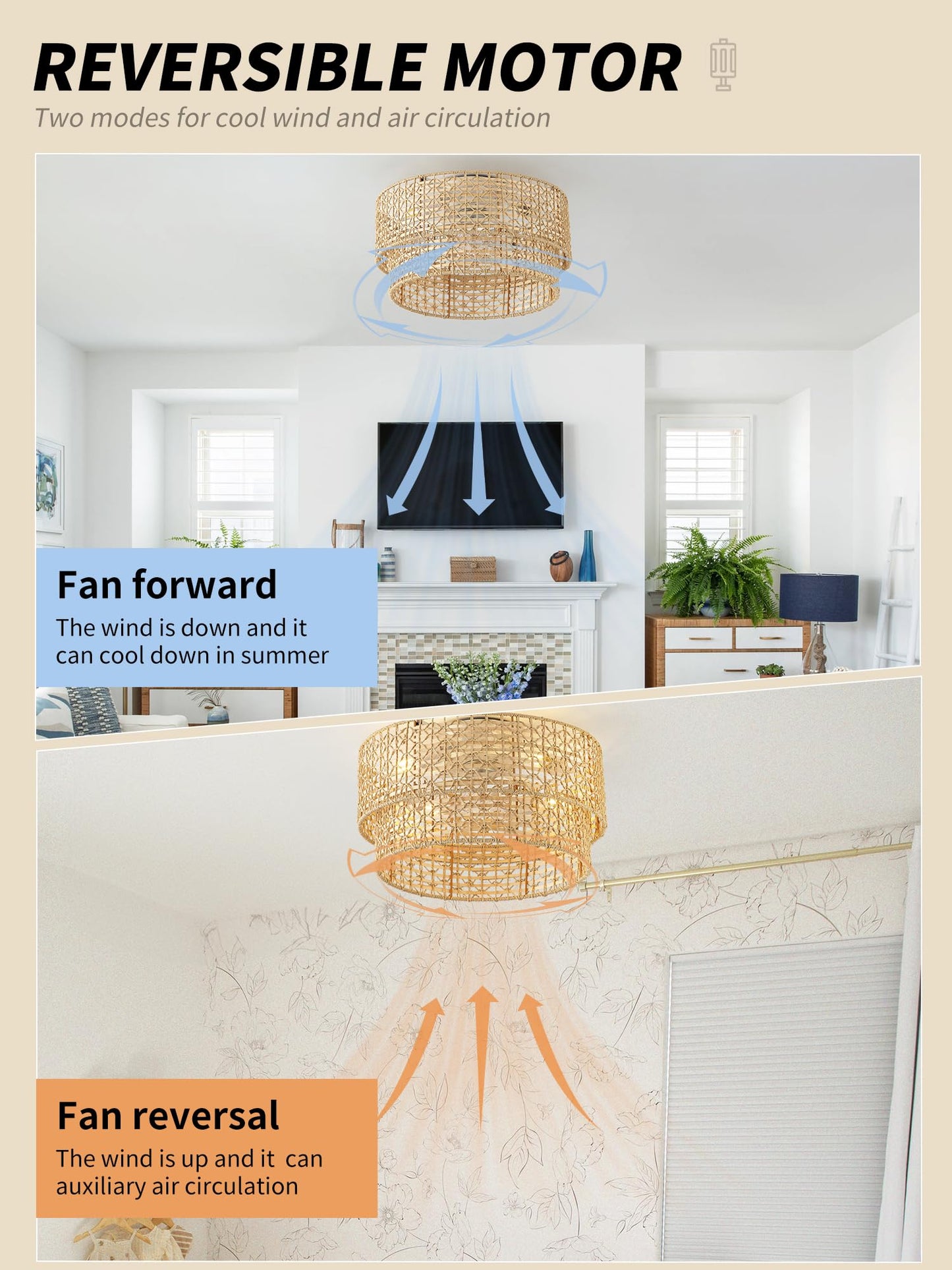 Flush Mount Ceiling Fan With Lights Low Profile, 20 Rattan Boho Ceiling Fan With Light Remote Control, Bladeless Caged With 6 Sp