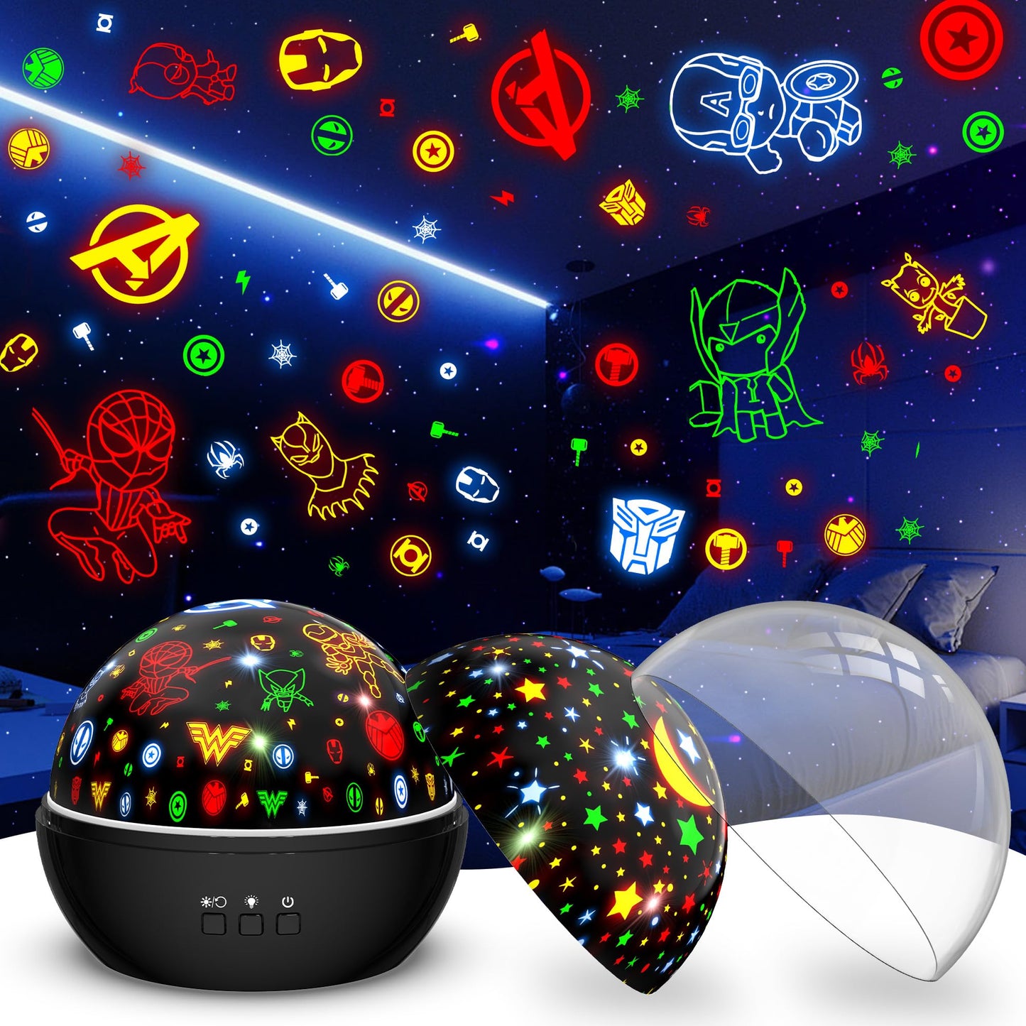 MOKOQI Super Hero Night Light for Boys | Spiderman Night Light and Star Projector 2-in-1 | Avengers Light Projector for Kids Bed