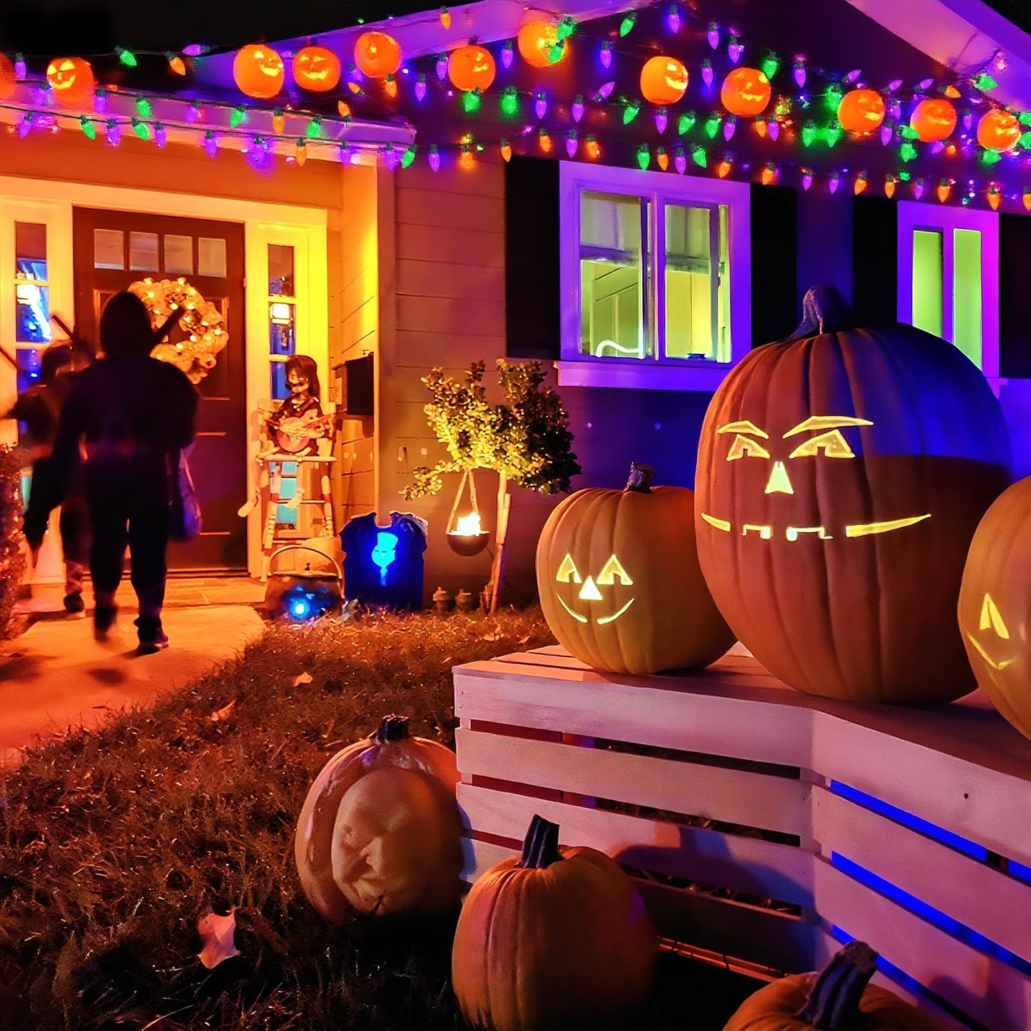 Kaq 2Pk 100Led Orange Purple And Green C9 Halloween Lights Waterproof Indoor Outdoor Extendable 98Ft String Lights Plug In With 13 Lighting Modes Halloween Decorations For Party Outside Yard Decor
