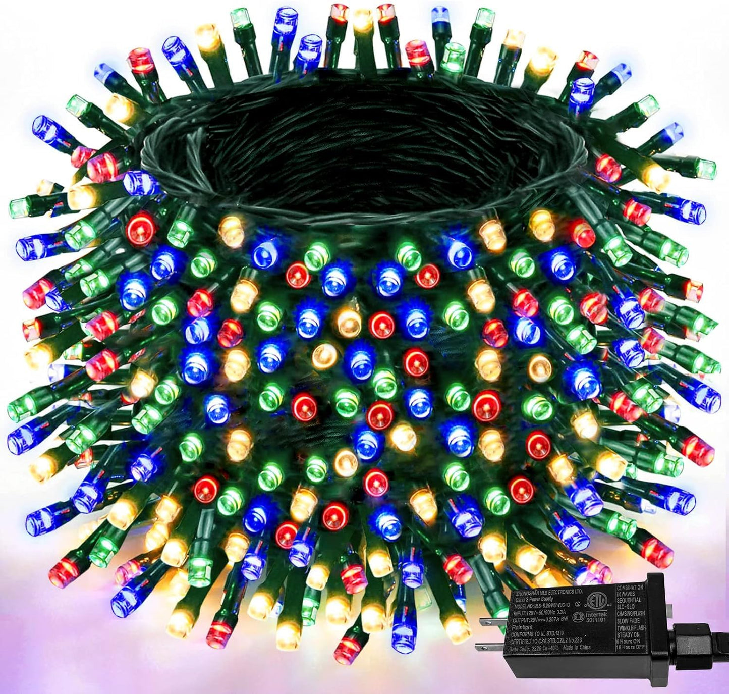 YIQU 800 LED Christmas Lights, Multicolor, Waterproof, Green Wire, 8 Modes, Timer, Model GP-SW290DC0310-IP44