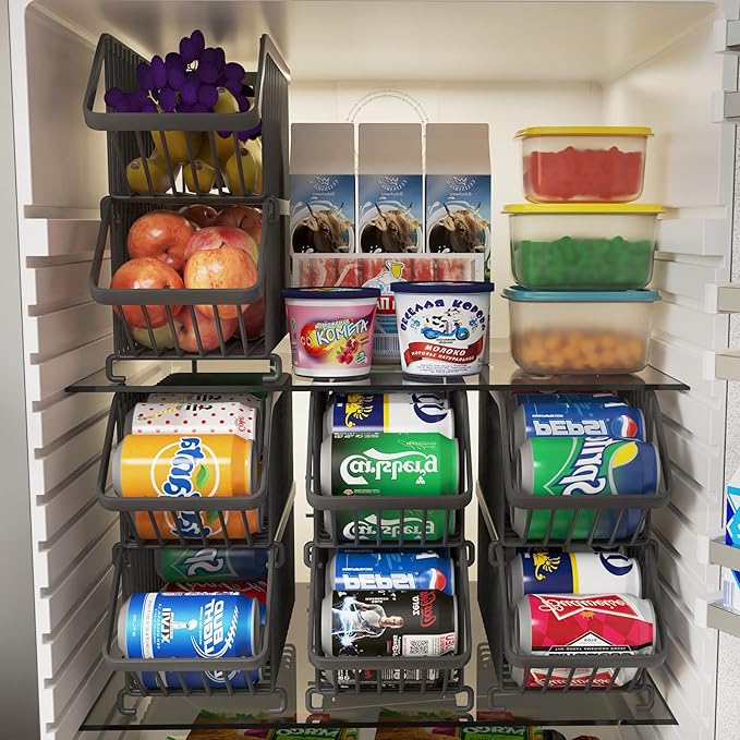 GILLAS 6 Pack Stackable Soda Can Organizer for Refrigerator, Can Holder Dispenser, Canned Food Storage Rack for Fridge, Kitchen, Countertops, Cabinets, Black