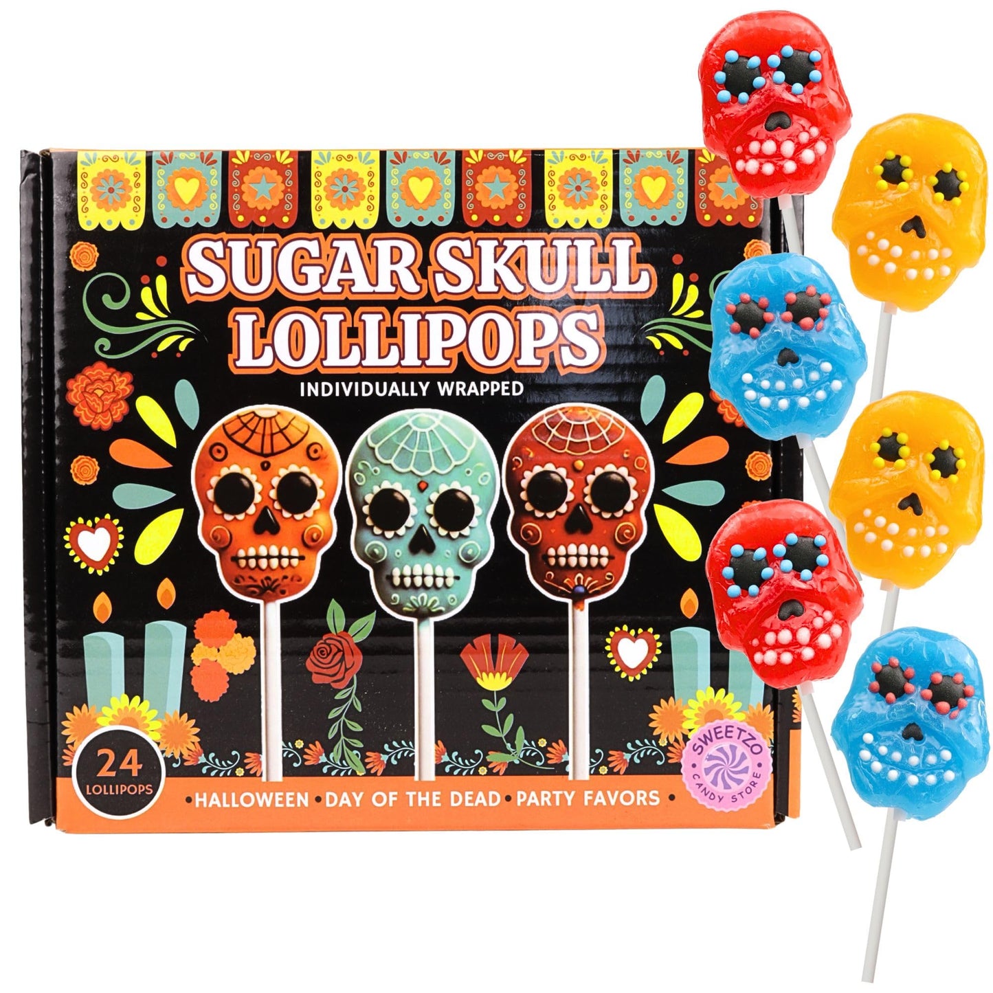 Sweetzo Halloween Sugar Skull Candy Lollipops Individually Wrapped Dia De Los Muertos Suckers Strawberry Orange and Blueberry Flavored (24 Pieces)