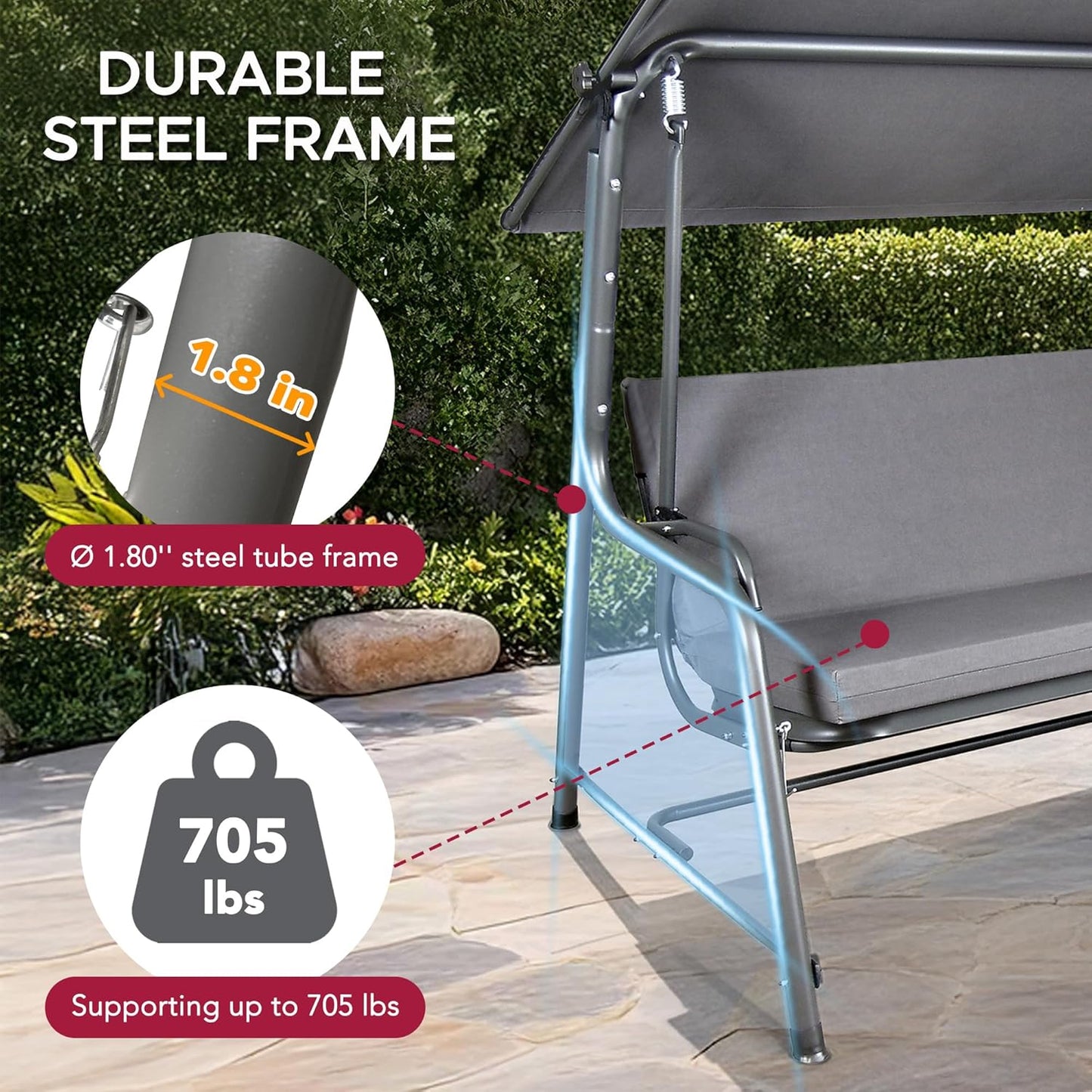 SUNJOY 3-4 Seat Luxury Outdoor Porch Swing, Steel Patio Swing with Elastic Metal Mesh Seat, Convertible Design, Cushion and Adjustable Canopy for Garden, Poolside, Backyard, Grey - Made in Italy