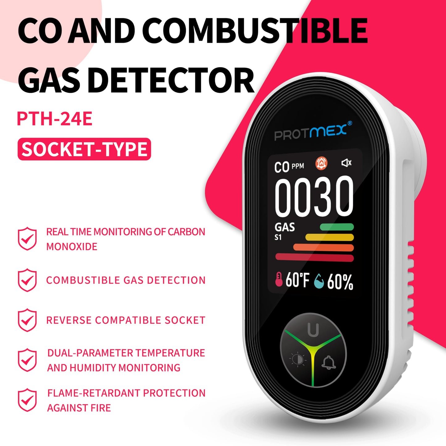 Protmex 4-in-1 Carbon Monoxide & Gas Detectors Plug in Large LCD Screen, Home CO Gas Detector with Temperature & Humidity Monitoring - 4 in 1 CO and Gas Detector Easy Installation for Home Travel
