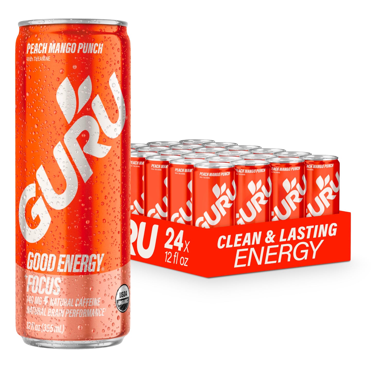 GURU Peach Mango Punch Organic Energy Drinks Clean Energy Drink with Plant Based Natural Caffeine from Green Tea + Focus with L Theanine Gluten Free and Vegan 140MG Caffeine 12oz (Pack of 24)
