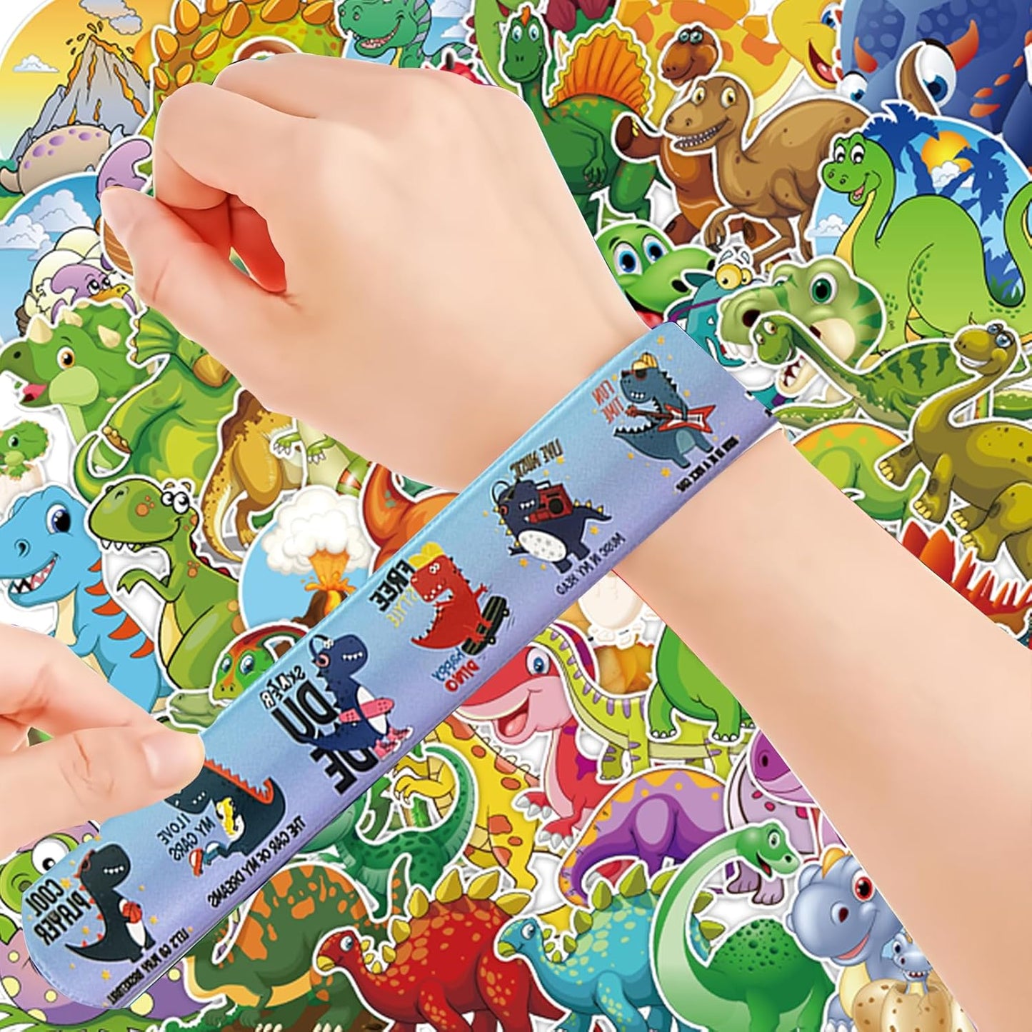 74Pcs Dinosaur Theme Party Favors Contain 24 Pcs Slap Bracelets 50Pcs Stickers, Dino Theme Birthday Party Decorations,Classroom Rewards Supplies.