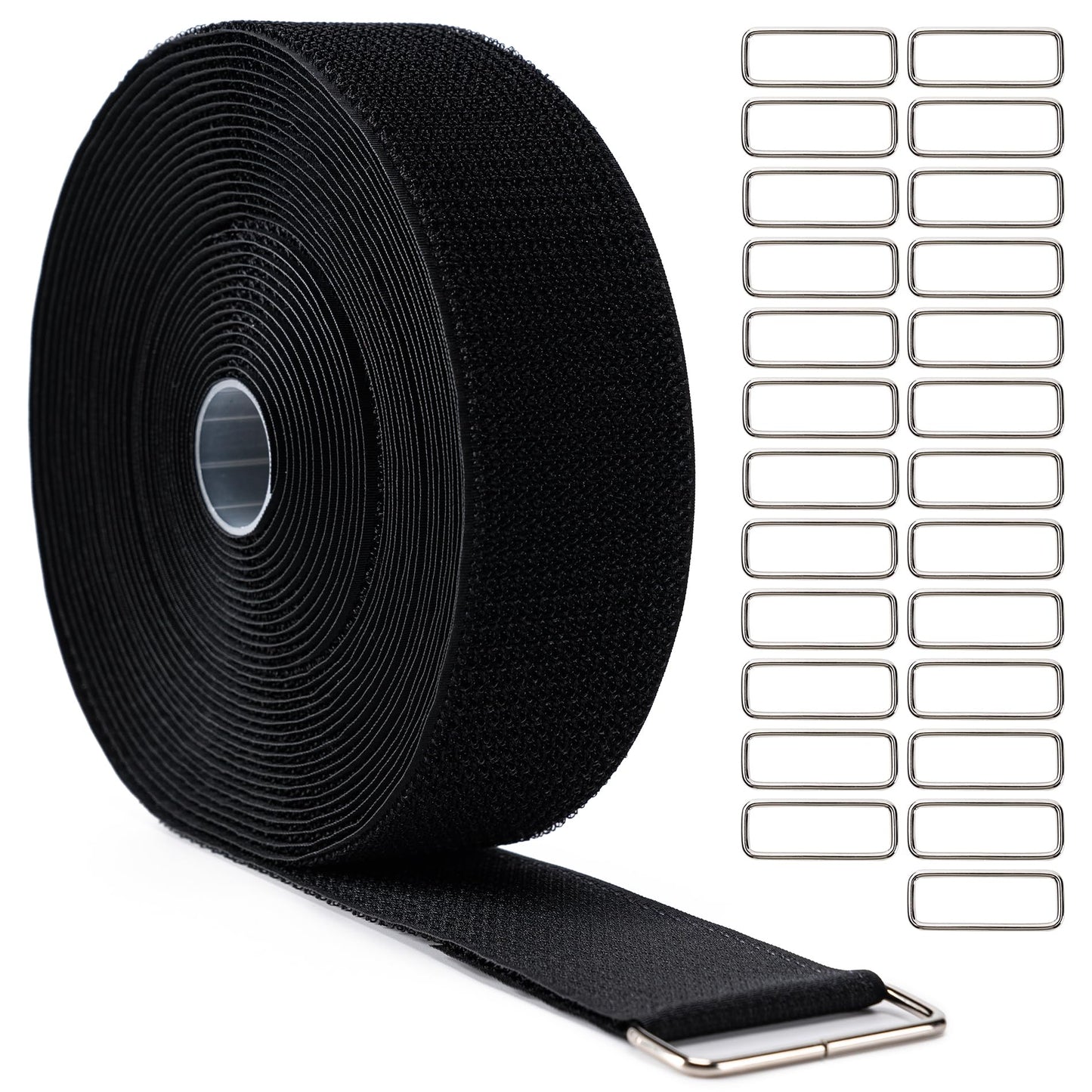 2 x32Ft Hook and Loop Straps Cinch Straps Heavy Duty with 25 Metal Buckles, Adjustable Fastening Cable Straps, Free Cut Length,