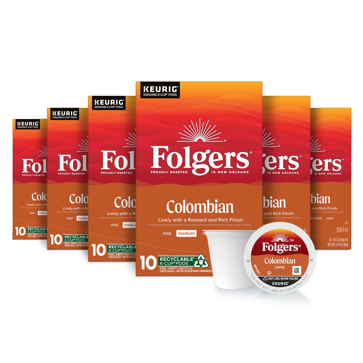 Folgers Colombian Coffee Medium Roast Keurig K-Cup Pods 10 Count Box (Pack of 6)