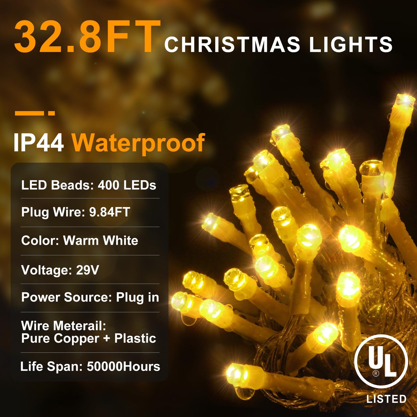 KNONEW Outdoor Decorative String Lights 400 LED 33FT Warm White Curtain Fairy Lights with 8 Modes for Christmas Weddings
