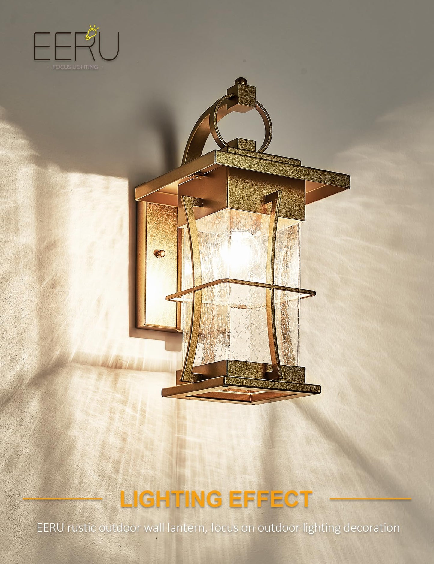 EERU Gold Outdoor Wall Lantern, Dusk to Dawn, Large, Waterproof, Metal, Photocell Sensor, Seeded Glass Sconce