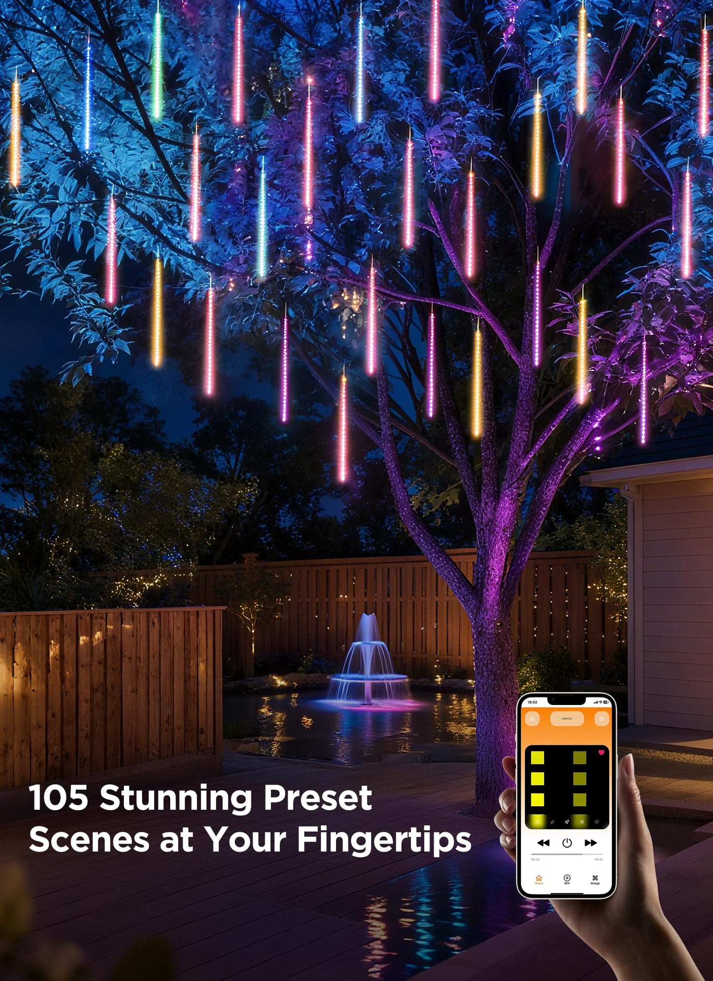 Smartdawn Smart Meteor Shower Rain Lights 24Tube 384Led 37.7Ft Color Changing Icicle Christmas Lights Outdoor Outside App Controlled Rgb Customize Display Diy Dynamic Lighting Effect