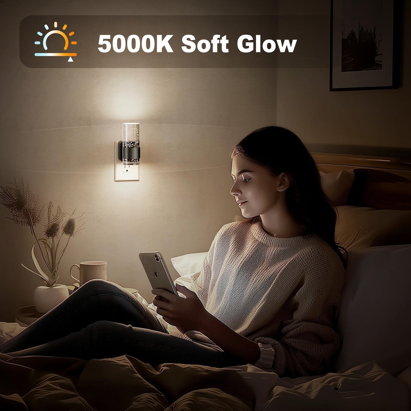 JandCase Night Light LED Plug-in with Adjustable Brightness, 5000K, Plastic, Black, 1 Pack, Model C-GY19703DBK2US