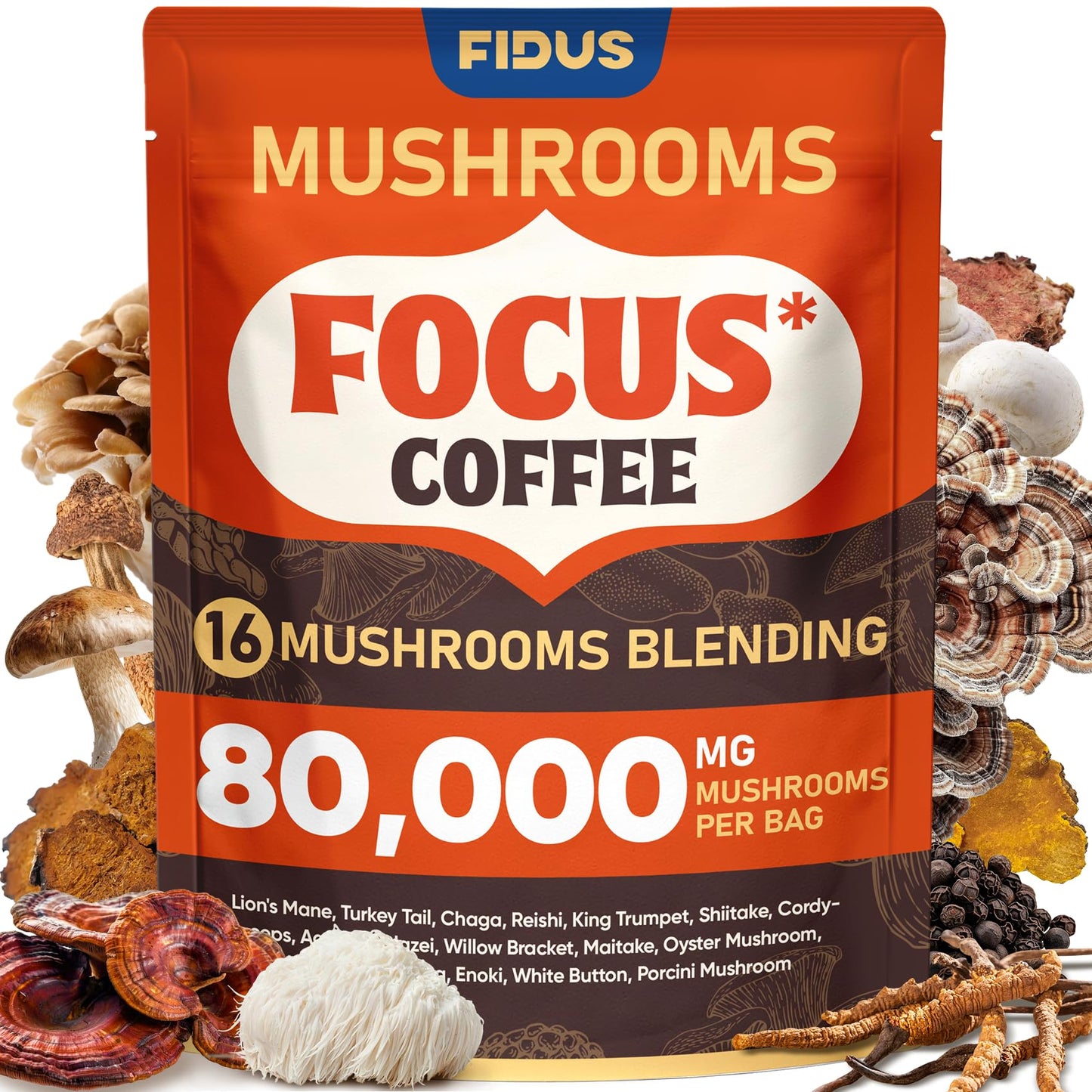 Fidus 16 in 1 Mushroom Coffee with 80 000mg Adaptogenic Mushrooms with Ashwagandha Probiotic Magnesium and Lions Mane Instant Mushroom Coffee for Focus Energy Immunity & Digestion 40 Servings