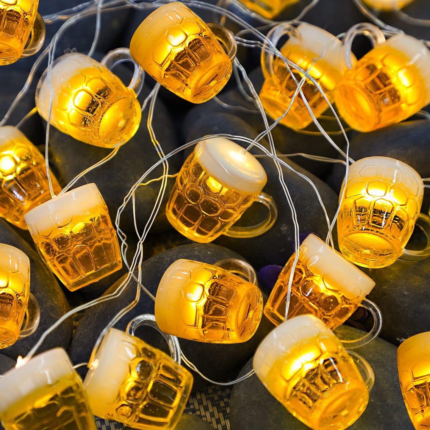 FLAVCHARM 3D malt-inspired Mug String Lights with Remote, USB/Battery Operated, 10ft, 15 LEDs, Copper, St Patricks Day Decorations