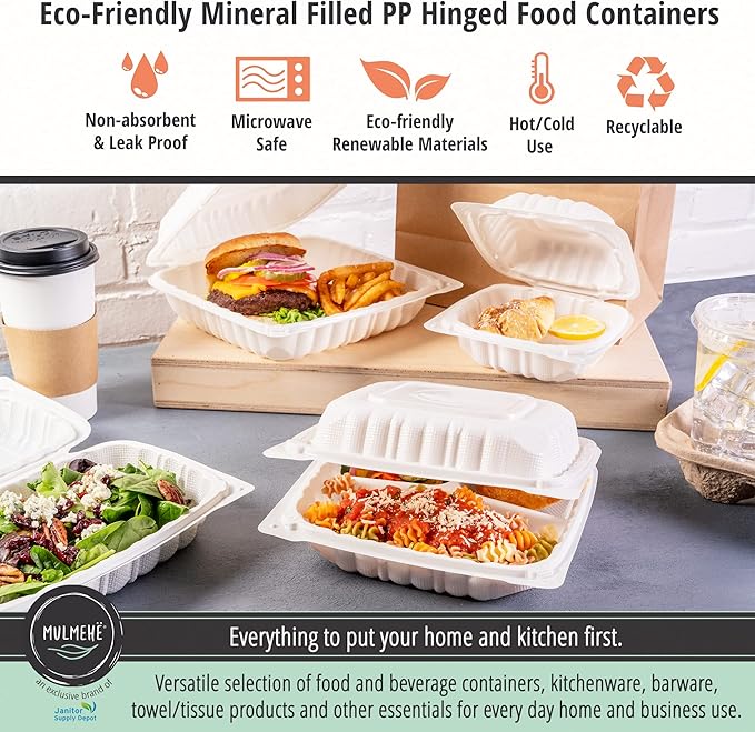 MULMEHË Mineral Filled Polypropylene Plastic Hinged Take Out Food Containers, 9x9x3, Vented Single Compartment, Natural White, 200 per Case