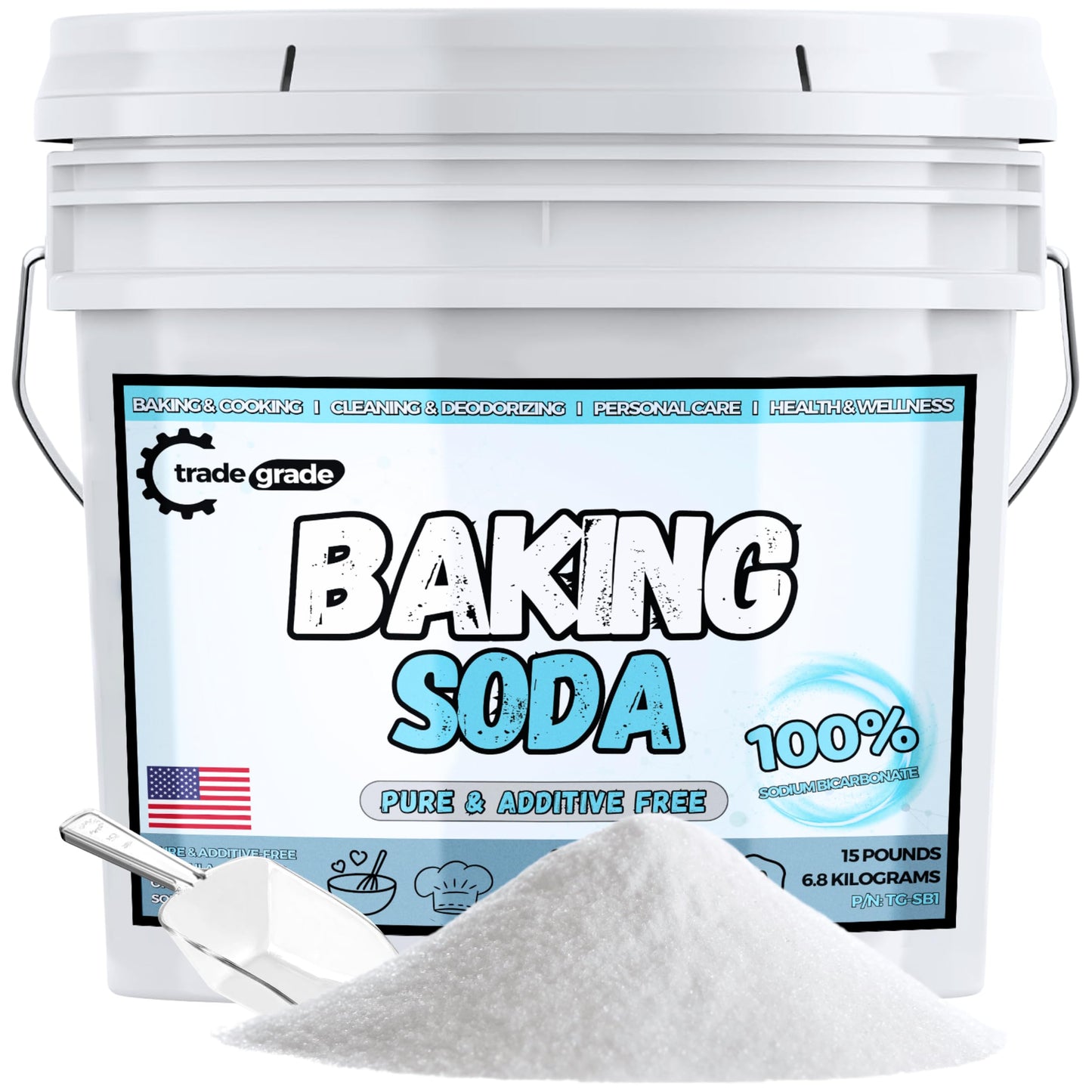 TradeGrade Pure Baking Soda Powder - 15 lb Bucket Sodium Bicarbonate Powder | enhanced Food-Grade for Baking Bread Cookies & More | Baking Soda for Cleaning Natural Cleaner & Deodorizer