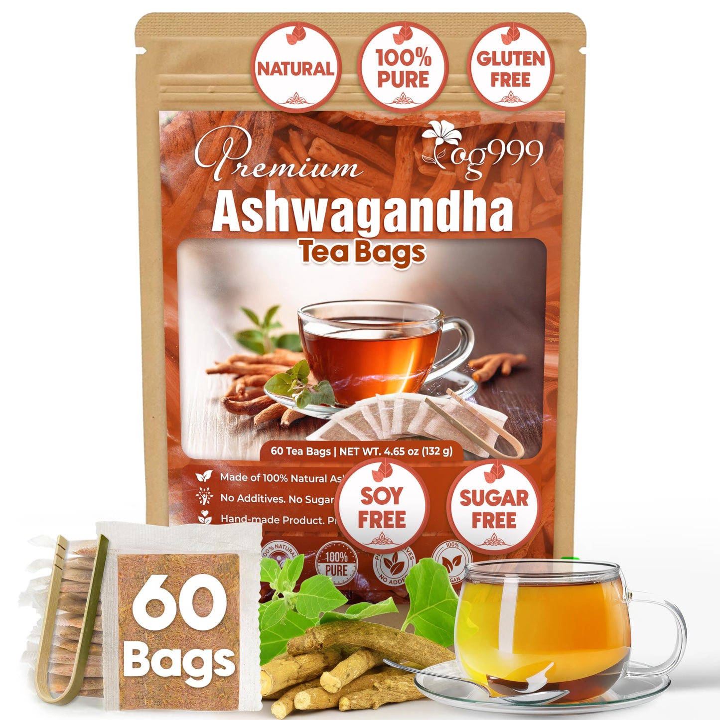 TOG999 enhanced 60 Ashwagandha Root Tea Bags 100% Natural & Pure Ashwagandha Root Herbal Tea. No Sugar No Caffeine No Gluten Vegan.