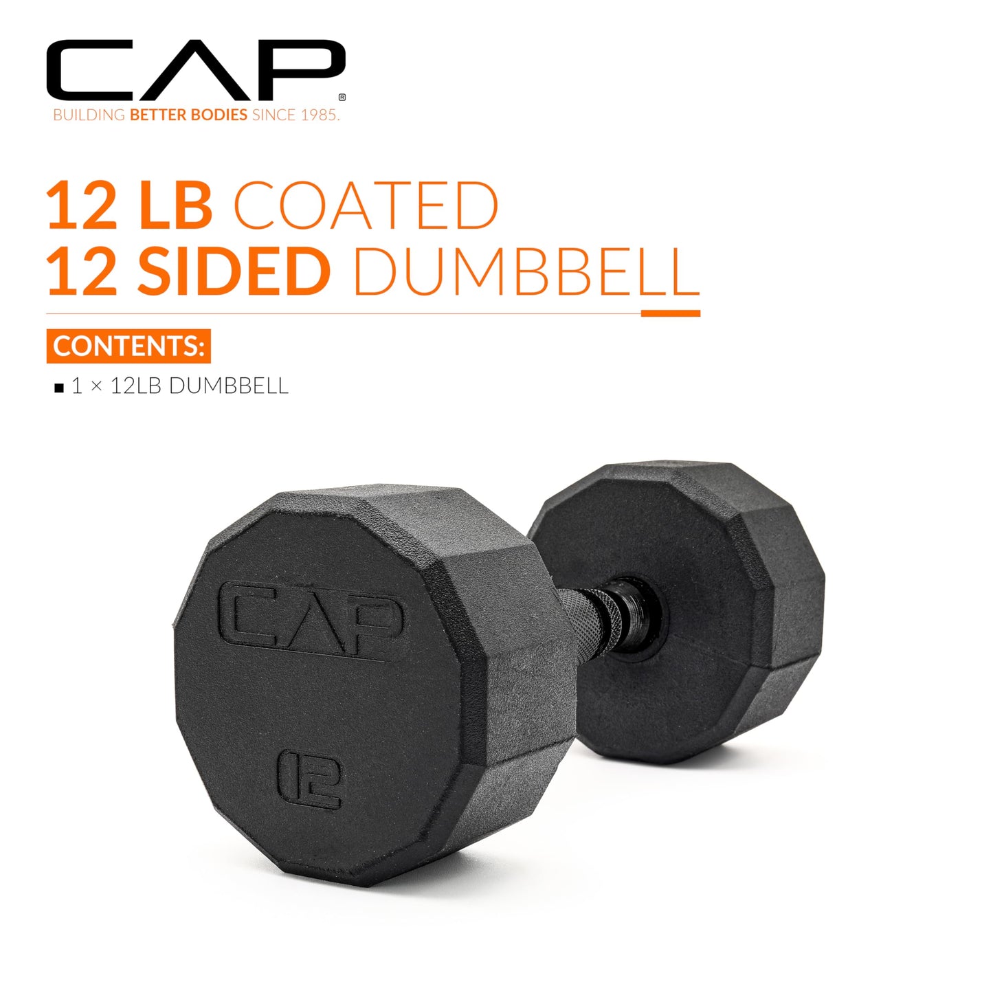 CAP Barbell 12-Sided Coated Dumbbell with Black Handle, Single, 12 LB