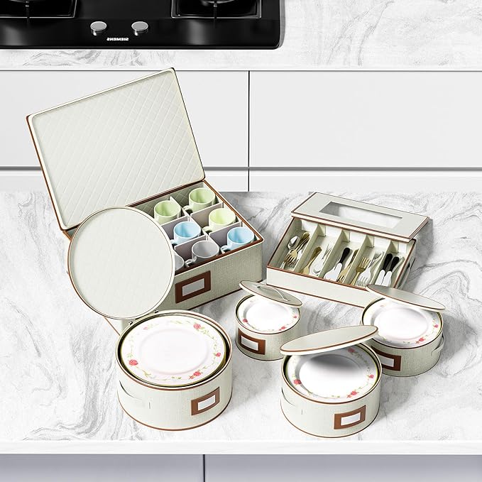 Aokeyee China Storage Containers- 6 Piece Set Hard Shell Moving Box for Dishes, Plate, Mugs, Cup, Silverware, Flatware, Saucers, Dinnerware, Sturdy Quilted Organizer with Soft Dividers, Handles, Ivory