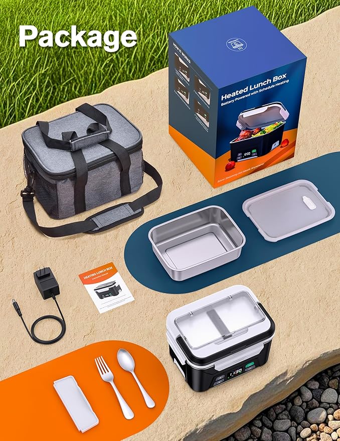 EAST OAK Heated Lunch Box Battery Powered with Automatic Heating, Cordless Heatable Lunchbox for Adults, 1.3L Portable Food Warmer with Insulated Carry Bag