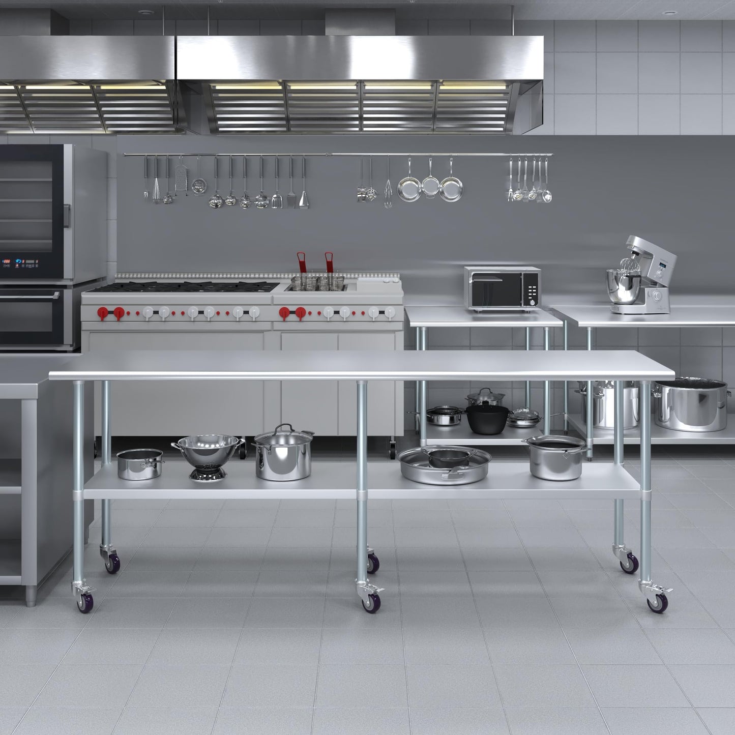 AmGood 24 in. x 96 in. Stainless Steel Work Table with Wheels | Metal Kitchen Food Prep Table | NSF