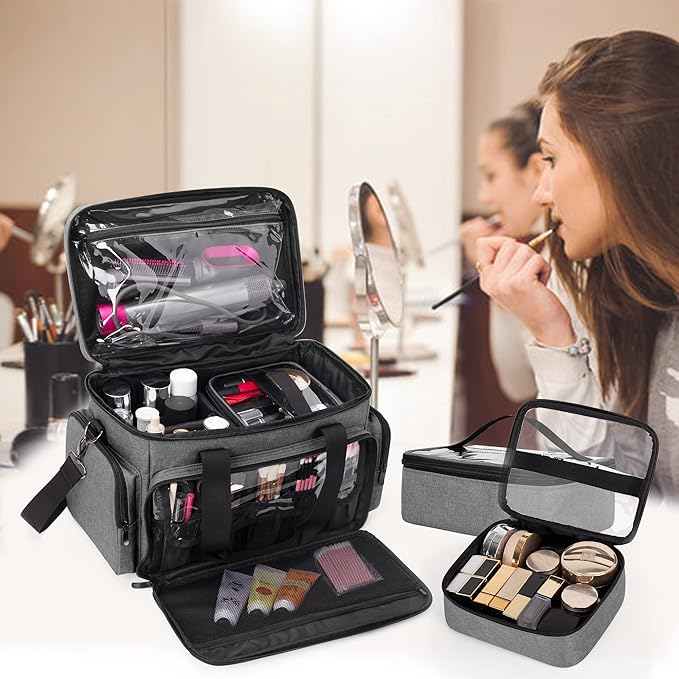 BAFASO Large Makeup Bag with 2 Removable Pouches and Detachable Dividers, Multifunctional Cosmetic Bag to Keep Makeup and Hair Supplies (Patent Pending), Gray