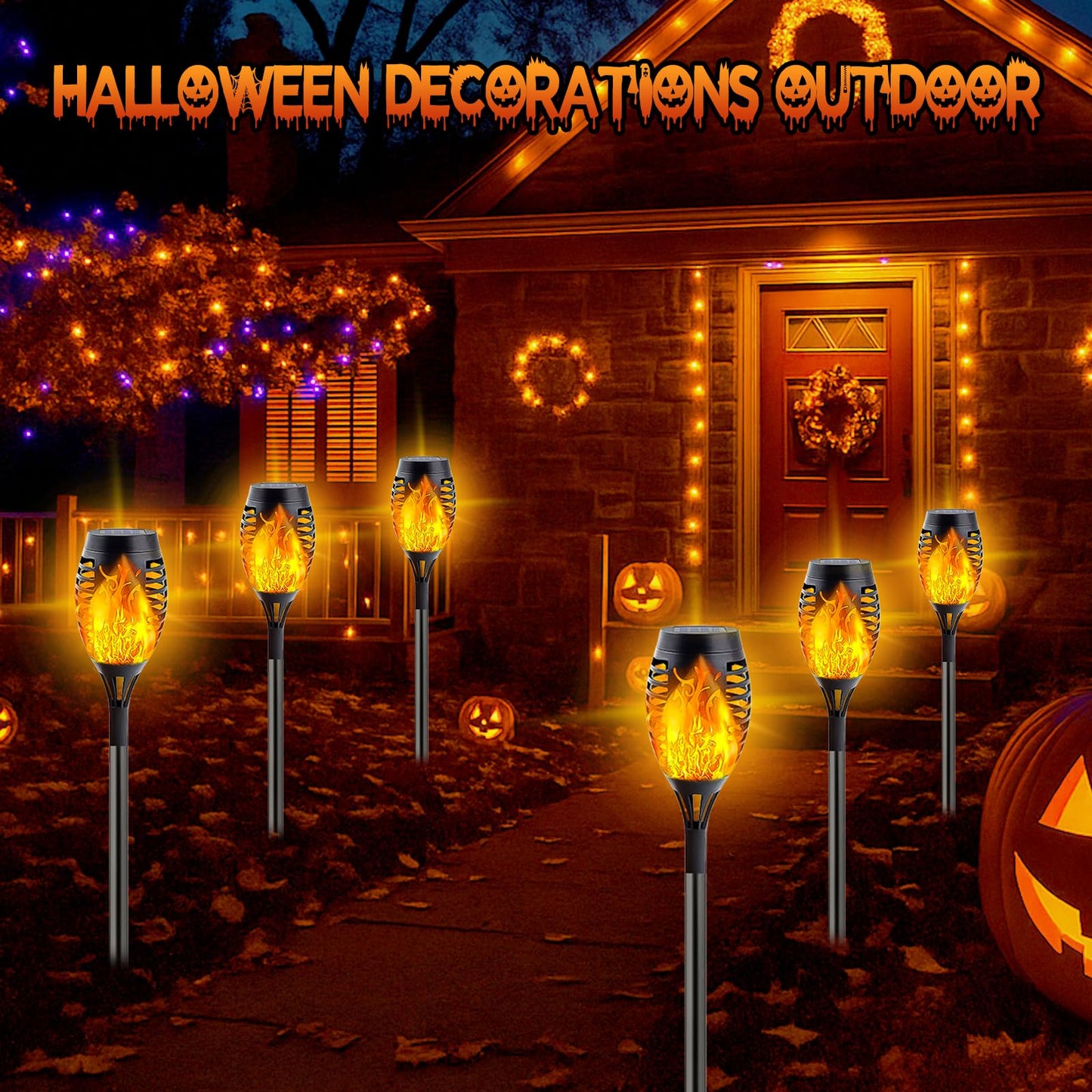 SANJICHA Solar Lights Outdoor, 10 Pack Mini Flickering Flame, Waterproof Plastic, Orange for Halloween Decor, Garden Pathway, Patio