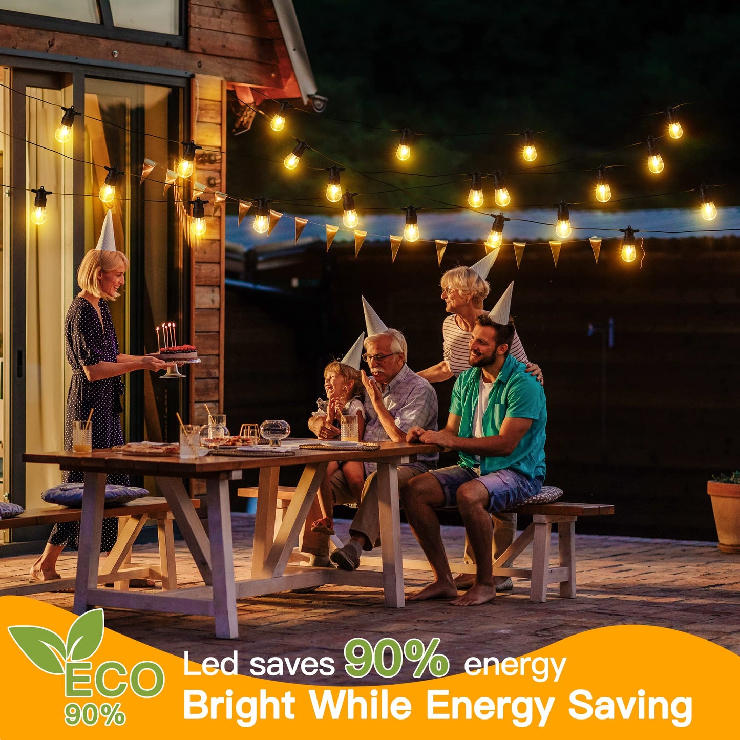 Ollny Outdoor String Lights, 50FT Waterproof Patio Lights, 15 Shatterproof Bulbs, Warm White, Model ASS14-05015-C