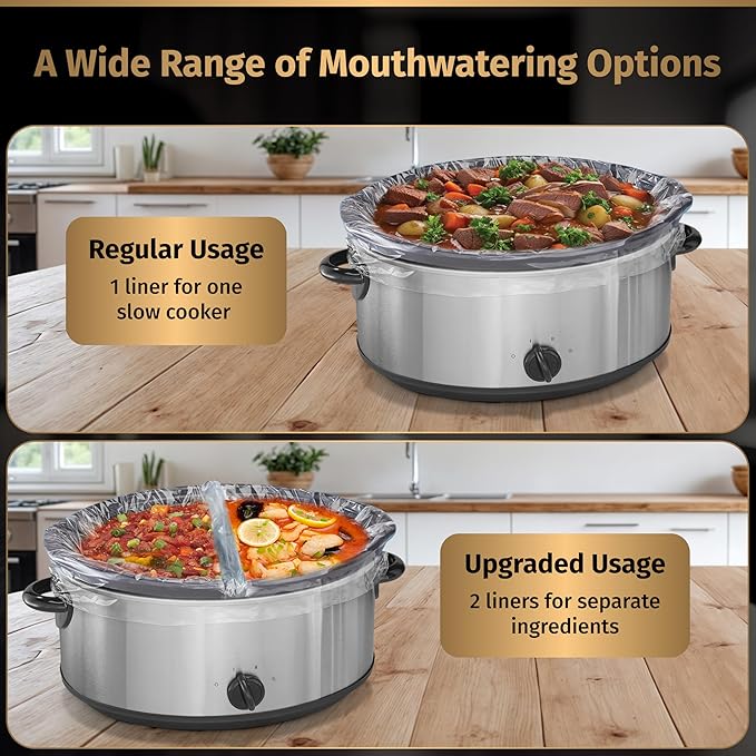 30 Pack Slow Cooker Liners โ Large 13โ x 21โ BPA-Free Crock Pot Bags โ Fits 3โ10 Quart Round & Oval Cookers โ Disposable Crock Pot Liners for Effortless Home Cooking & Fast Clean Up, Bonus Recipe Book
