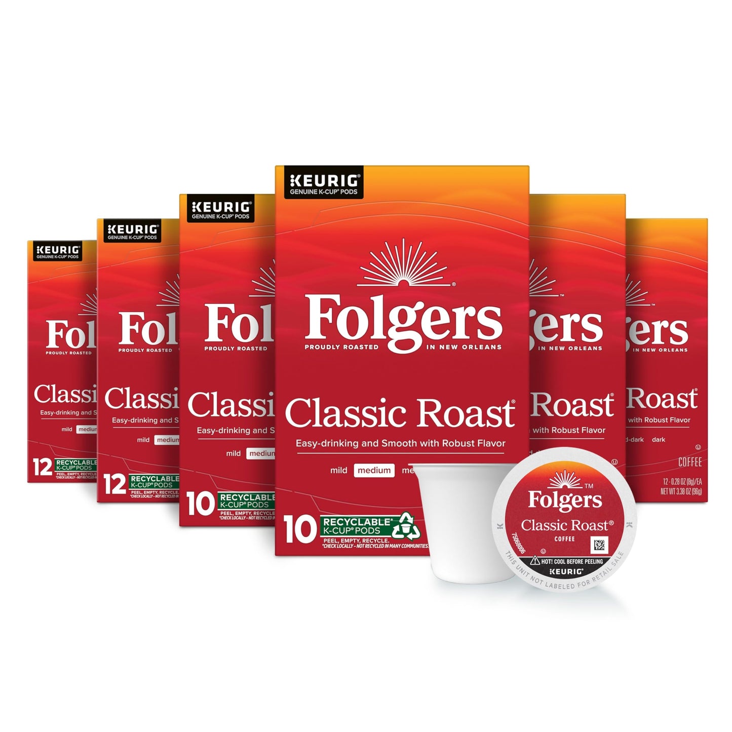 Folgers Classic Roast Coffee Medium Roast Keurig K-Cup Pods 10 Count Box (Pack of 6)