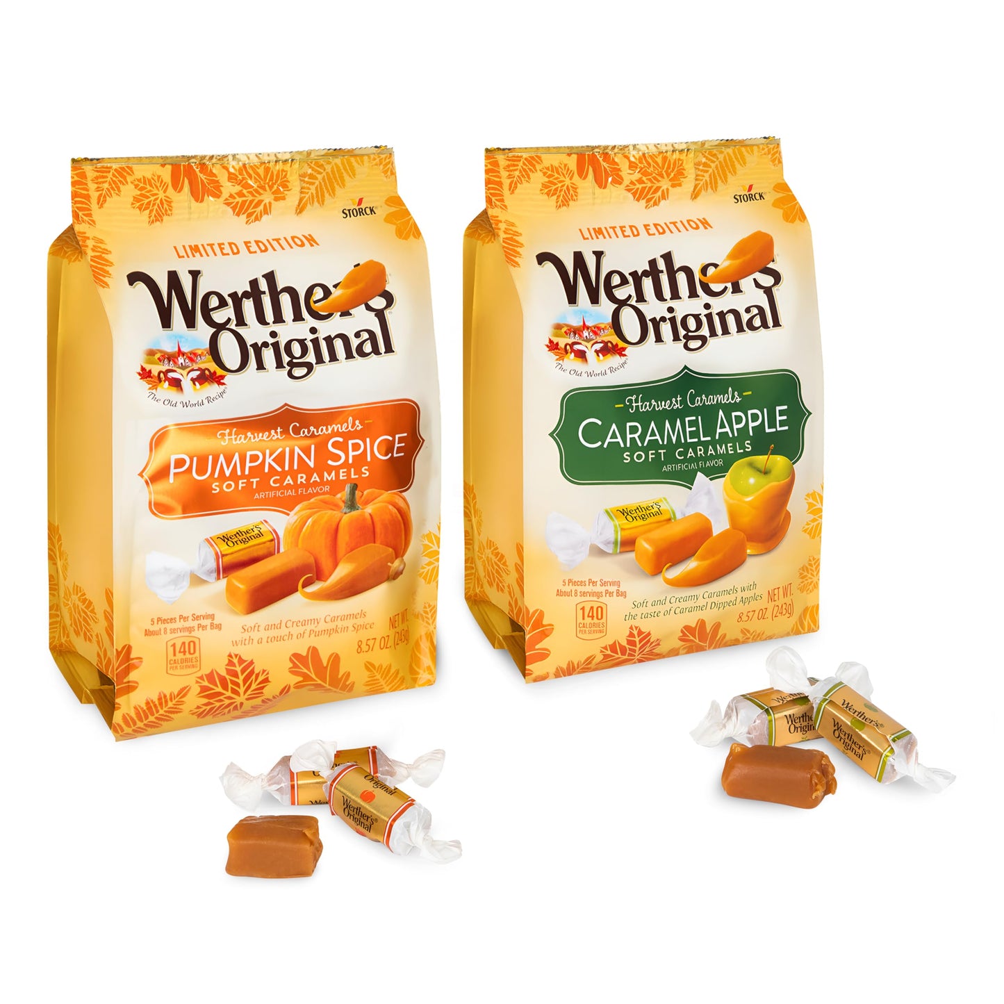 Treatizo - Caramel Apple & Pumpkin Spice Original Soft Caramels Individually Wrapped Sharable Fall Flavored Candies 8.57 ounce Bags Pack of 2