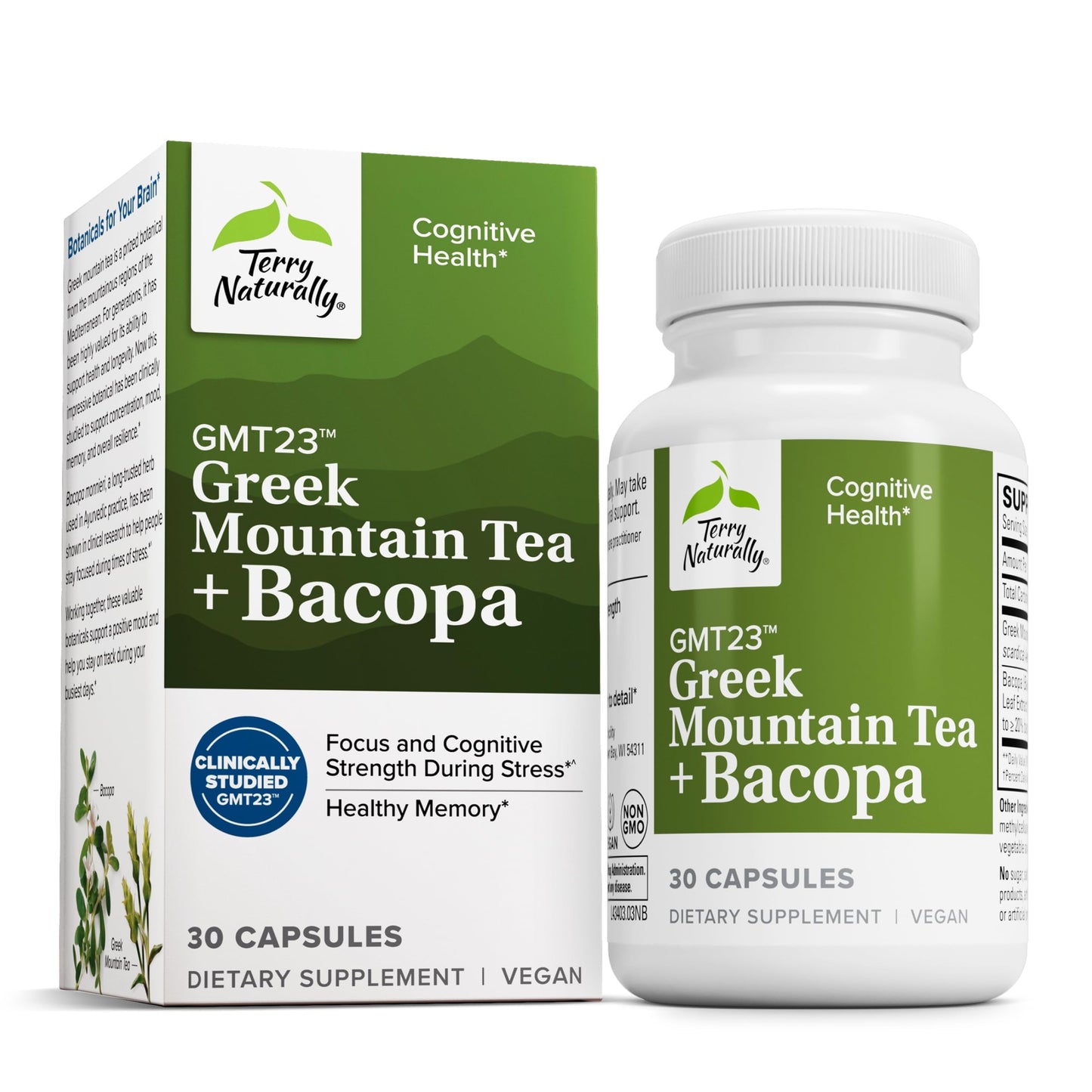 Terry Naturally GMT23 Greek Mountain Tea Plus Bacopa - Dietary dietary product for Focus Support - Brain Health dietary product for Attention to Detail - Herbal dietary product with Antioxidants - 30 Capsules
