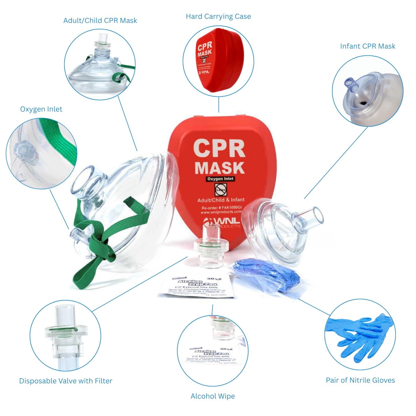 WNL Products CPR Rescue Mask, Adult/Child & Infant Pocket Resuscitator, Hard Case Kit with Belt Clip