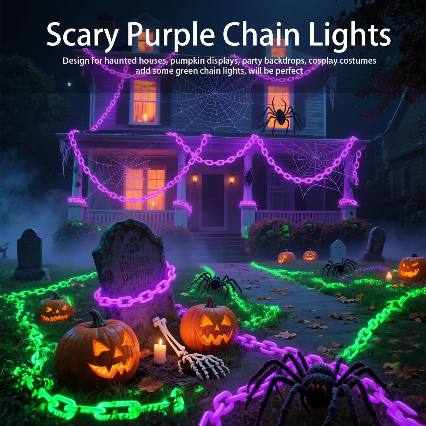 Ohwewant Solar Halloween Decorations Outdoor 10Ft Purple Chain Lights Waterproof Solar Halloween Lights For Outdoor Haunted House Party Skeleton Dog Cosplay Props Yard