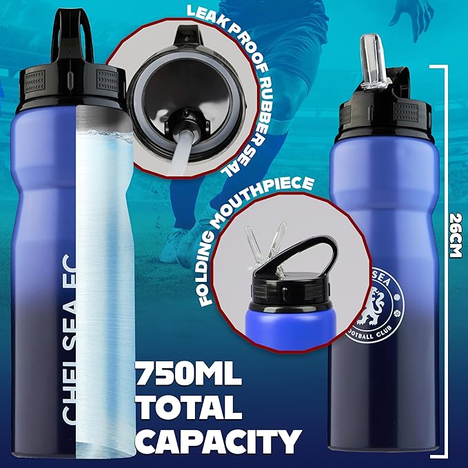 Chelsea FC Water Bottle with Straw - Metal Water Bottle for Soccer Fans Sports Work Gym Gifts for Men