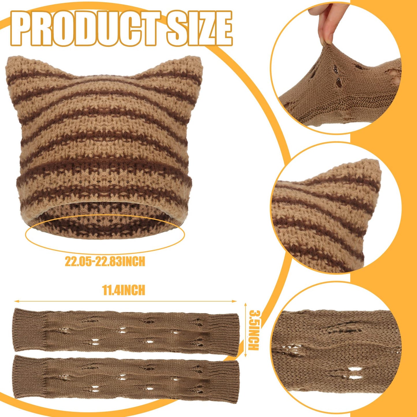 Sureio 25 Pcs Y2k Grunge Knitted Cat Beanie with Fairy Grunge Ripped Gloves Earrings Necklace Rings Monster Horn Accessories(Brown)