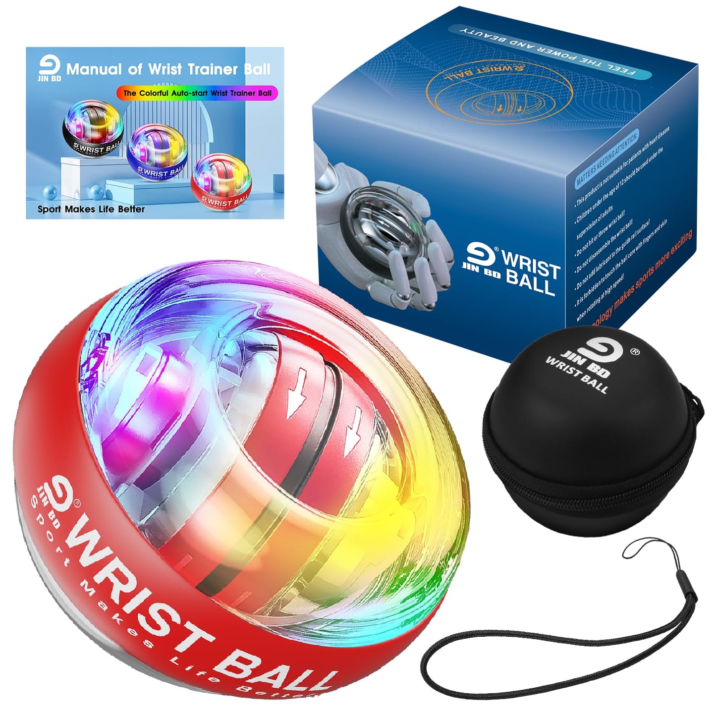 JIN BD Wrist Trainer Ball Auto-Start Wrist Strengthener Gyroscopic Forearm Exerciser Gyro Ball for Strengthen Arms, Fingers, Wrist Bones and Muscles with LED Light, Red